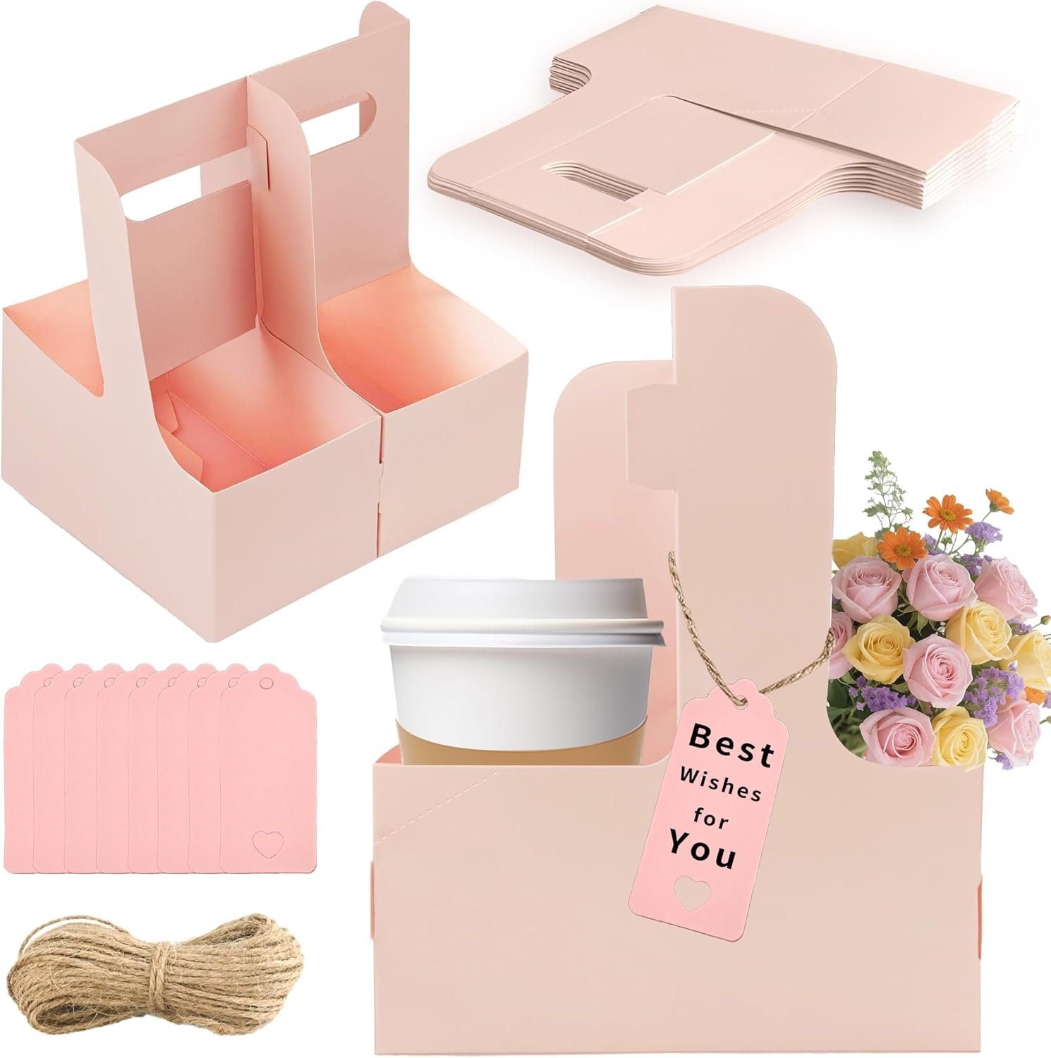 Portatazza 2 Tazze con Logo Personalizzato - Confezione 8 in Cartone con Maniglia dal Produttore per Bevande Calde Fredde Nastro e Biglietto Consegne Bouquet Rosa Marchio Bianco
