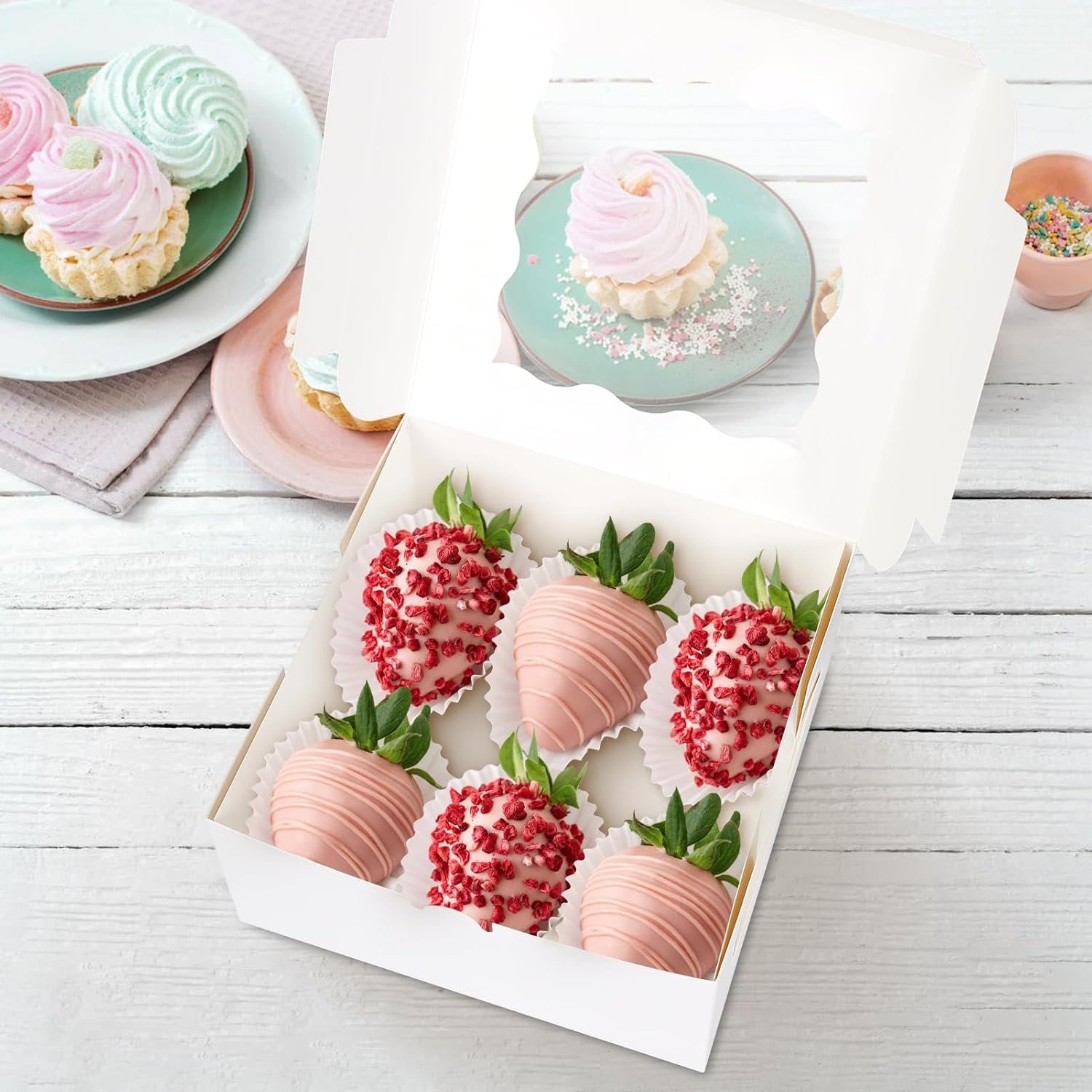 Produttore scatole pasticceria bianche con finestra logo personalizzato 30 pezzi 6 x 6 x 3 pollici cartoncino bianco per biscotti pasticceria fragole macaron marchio bianco