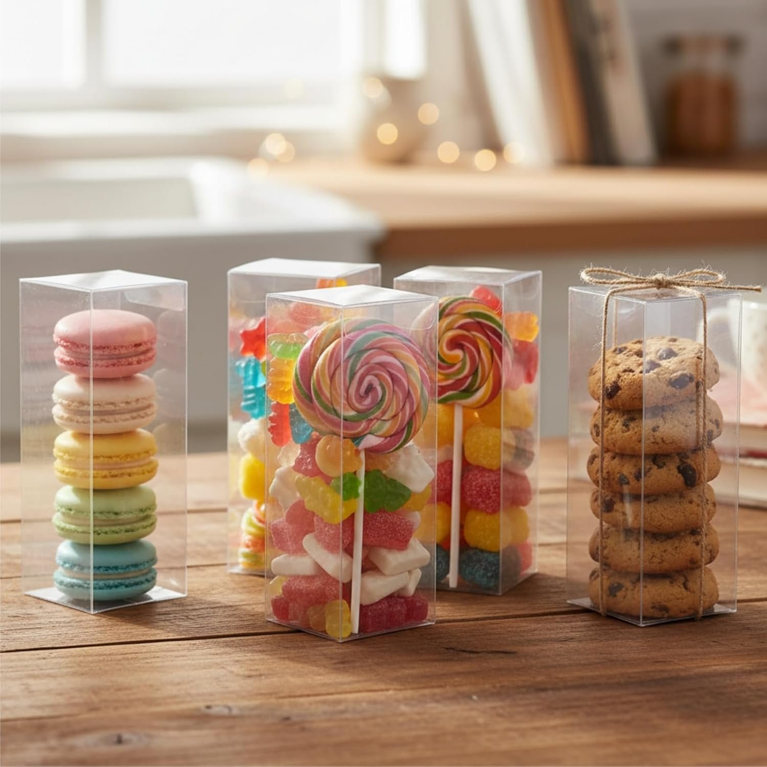 Produttore Scatole Trasparenti Cubo 80 Pezzi 2 x 2 x 6 Pollici con Logo Personalizzato per Bomboniere Caramelle Macaron Cioccolato Nozze Compleanni Bridal Shower Marchio Bianco