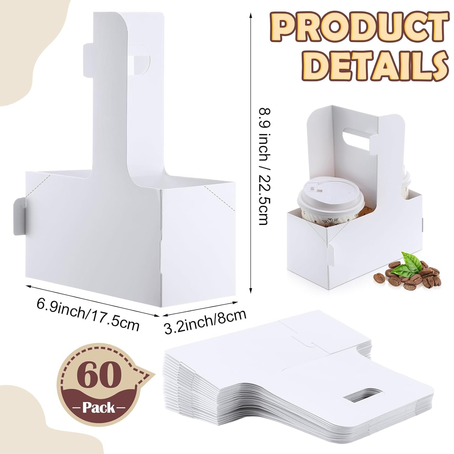 Marchio Bianco Portabevande 2 Tazze con Maniglia 60 Pz 6.9 x 3.2 x 8.9 Inch in Cartone con Logo Personalizzato per Bevande Calde e Fredde da Asporto Caffè Ristorante Matrimonio Consegna Cibo Bianco dal Produttore