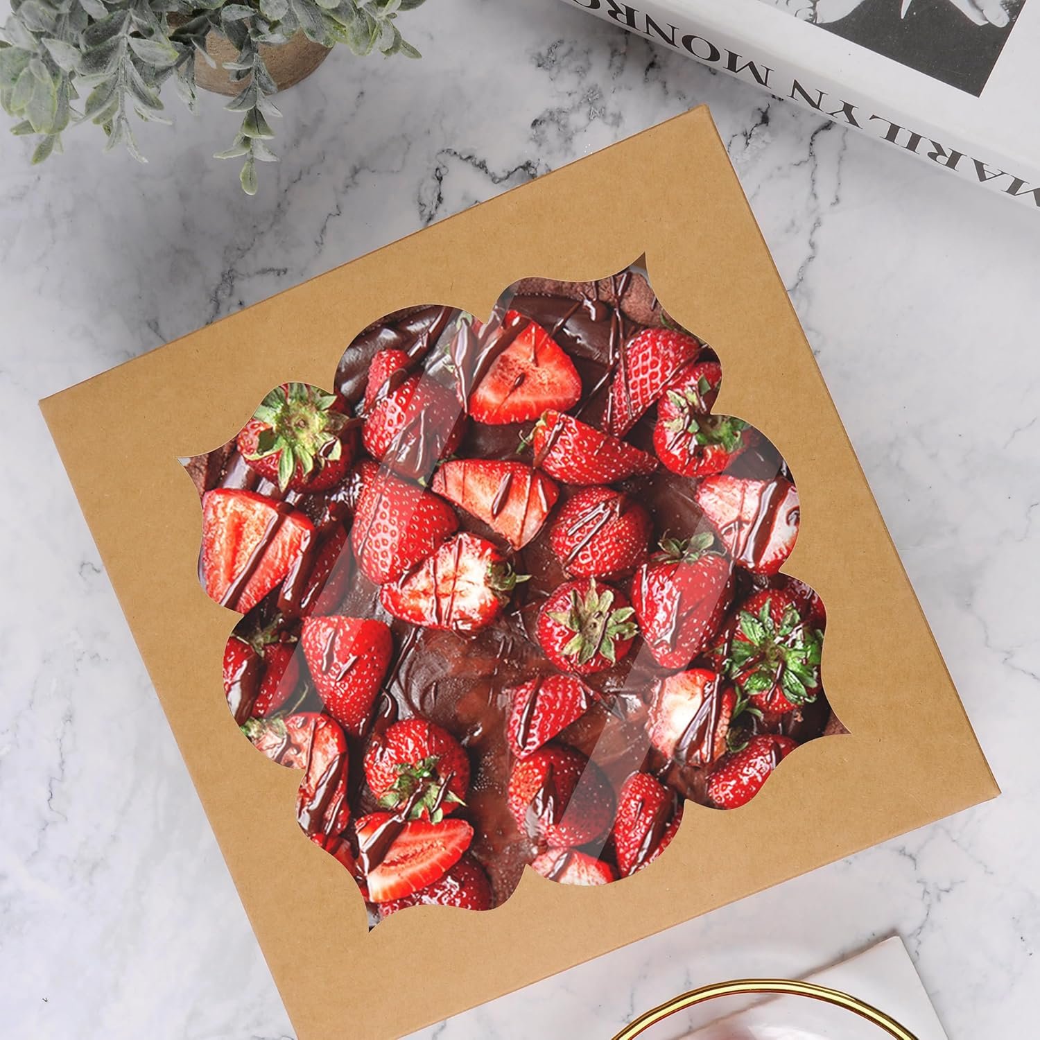 Logo Personalizzato Confezione da 20 Scatole per Crostate Torte Pasticceria 9x9x3 pollici con Finestra Marchio Bianco Biscotti Donuts Fragole Ricoperte di Cioccolato Bomboniere Festa della Mamma Fornitore Marrone