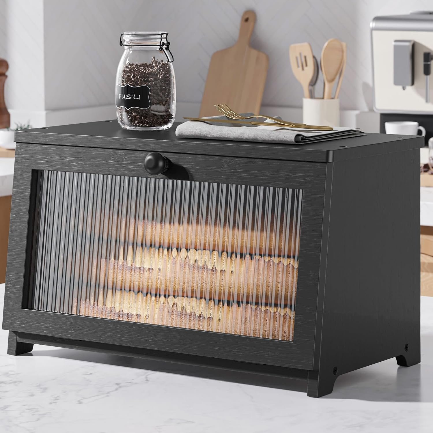 Marchio Bianco Portapane in Legno per Piano Cucina Grande Capacità con Finestra da Produttore Multifunzionale Nero 15.0"x8.3"x9.1" (1T) con Logo Personalizzato