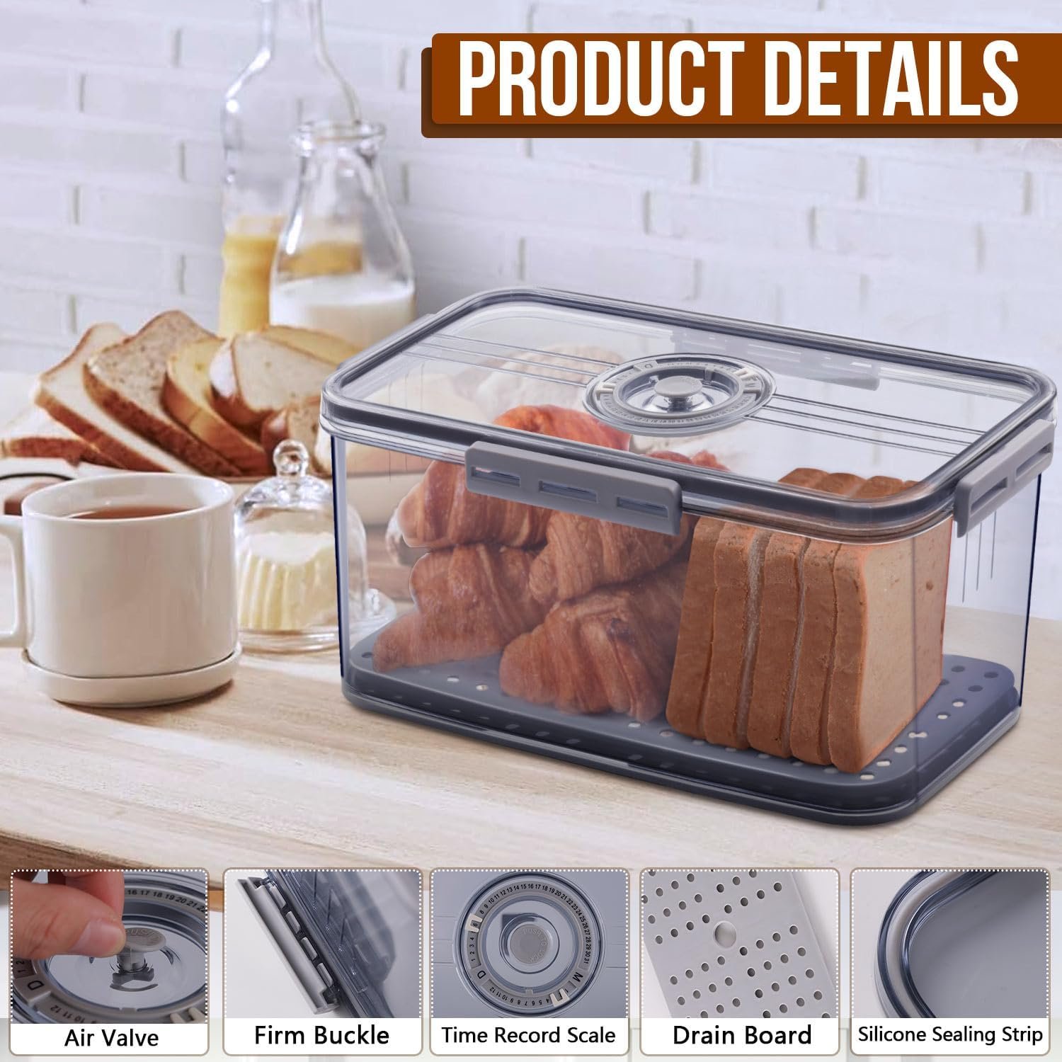 Logo Personalizzato Portapane Ermetico per Bancone Cucina con Registrazione Tempo, Contenitore con Coperchio Marchio Bianco per Pane Fatto in Casa Toast Bagel Ciambelle e Biscotti Grigio dal Produttore
