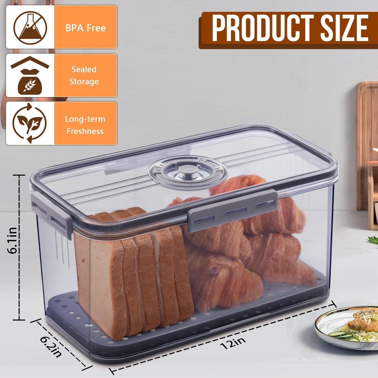Logo Personalizzato Portapane Ermetico per Bancone Cucina con Registrazione Tempo, Contenitore con Coperchio Marchio Bianco per Pane Fatto in Casa Toast Bagel Ciambelle e Biscotti Grigio dal Produttore