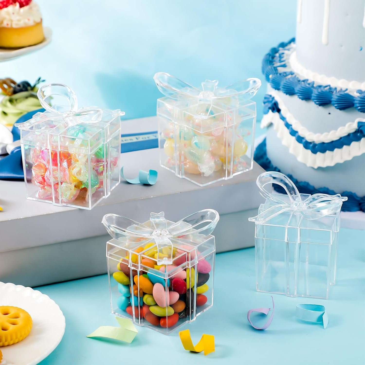 Marchio Bianco Scatoline Trasparenti in Acrilico con Coperchio a Fiocco 24 Pezzi 2 x 2 x 2.3 pollici per Bomboniere Matrimonio Baby Shower Compleanno Logo Personalizzato dal Fornitore