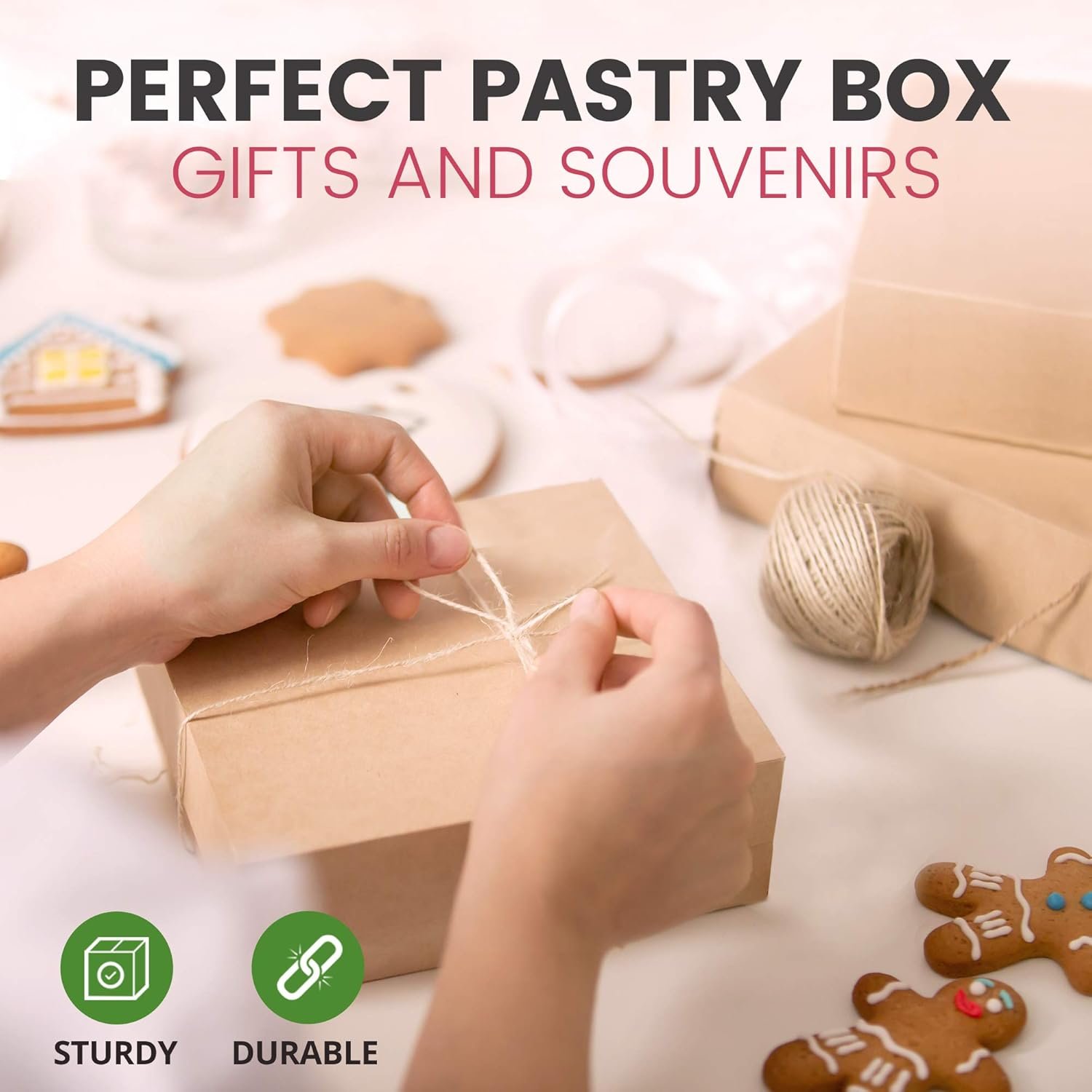 Logo Personalizzato Confezione da 25 Scatole per Pasticceria Cartone Kraft Marrone 8 x 8 x 3 Pollici Marchio Bianco per Torte Biscotti Cupcakes Cioccolatini Donuts Macarons dal Fornitore