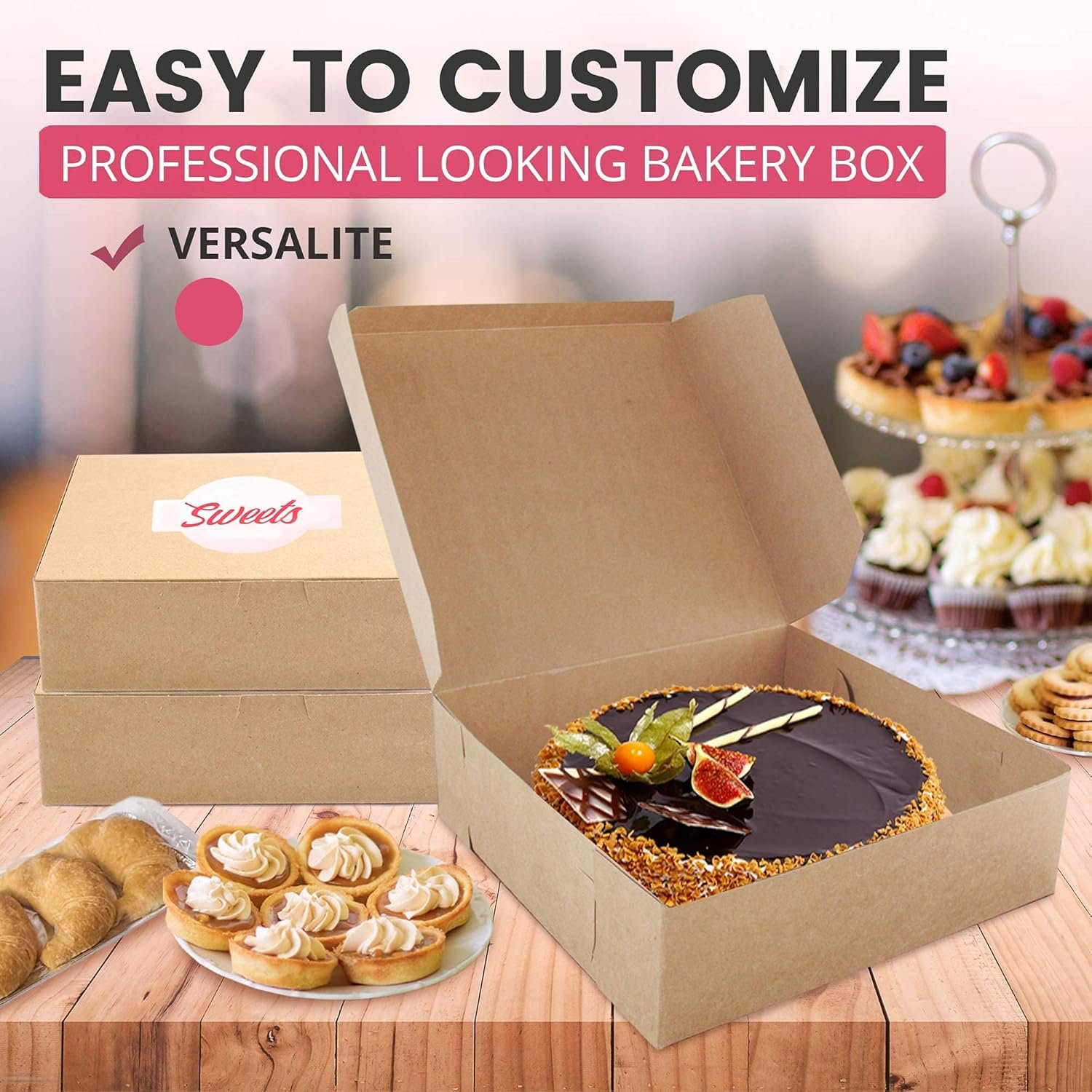 Logo Personalizzato Confezione da 25 Scatole per Pasticceria Cartone Kraft Marrone 8 x 8 x 3 Pollici Marchio Bianco per Torte Biscotti Cupcakes Cioccolatini Donuts Macarons dal Fornitore