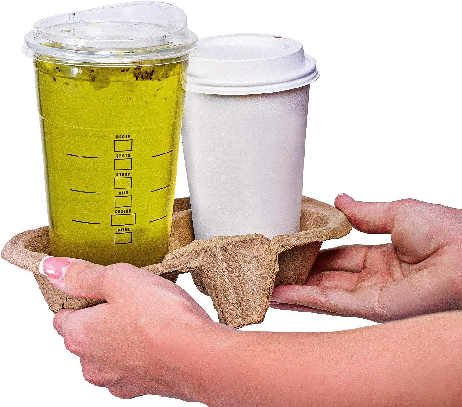 Marchio Bianco Portabevande 2 Tazze (50 Pz) Anti-Sversamento Senza Sporco Monouso Biodegradabile Ecologico per Consegne Bevande Calde o Fredde con Logo Personalizzato Ideale Asporto Auto dal Fornitore