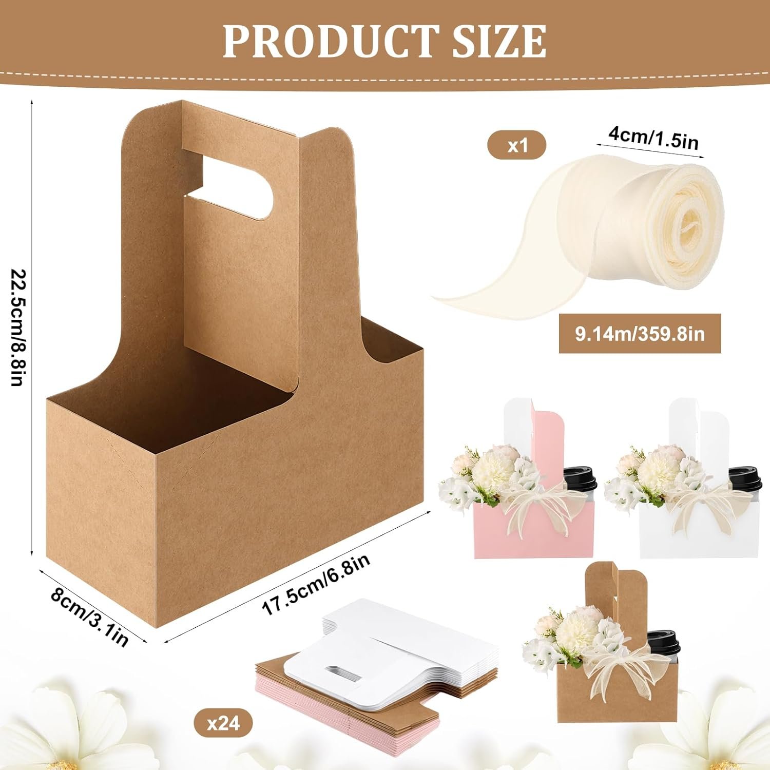 Marchio Bianco Sacchetti Regalo Fiore Carta Kraft 24 Pezzi Portabevande Monouso con Manico 2 Bicchieri Logo Personalizzato per Festa della Mamma Nozze Compleanno dal Fornitore Multicolore