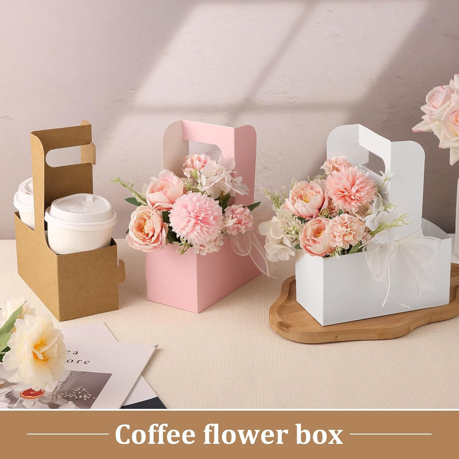 Marchio Bianco Sacchetti Regalo Fiore Carta Kraft 24 Pezzi Portabevande Monouso con Manico 2 Bicchieri Logo Personalizzato per Festa della Mamma Nozze Compleanno dal Fornitore Multicolore