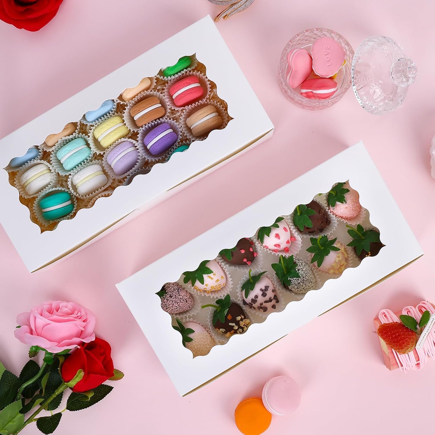 Marchio Bianco Scatole Biscotti 30pz 12x5.5x2.5 pollici Bianche con Finestra con Logo Personalizzato per Fragole Cioccolato Donuts Pasticcini Cake Pop del Produttore