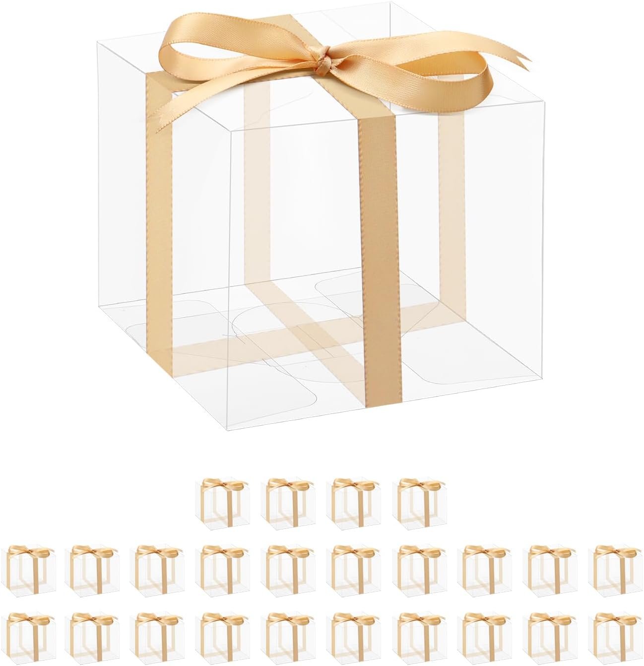 Produttore Scatole Trasparenti PET con Logo Personalizzato Confezione da 25 Pezzi 3"x3"x3" con Nastro per Cioccolatini Caramelle Biscotti Muffin Bomboniere Marchio Bianco