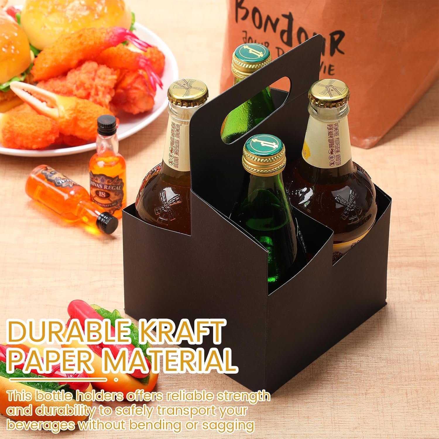 Produttore Portabevande 4 Tazze con Manico Cartone Kraft 50 Pz Monouso per Birra Bevande Calde Fredde 12-16 oz con Logo Personalizzato Nero Marchio Bianco