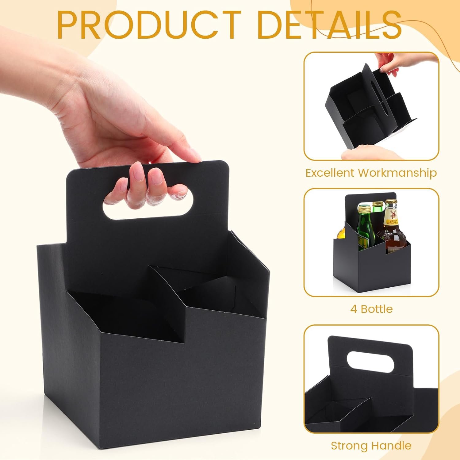 Produttore Portabevande 4 Tazze con Manico Cartone Kraft 50 Pz Monouso per Birra Bevande Calde Fredde 12-16 oz con Logo Personalizzato Nero Marchio Bianco