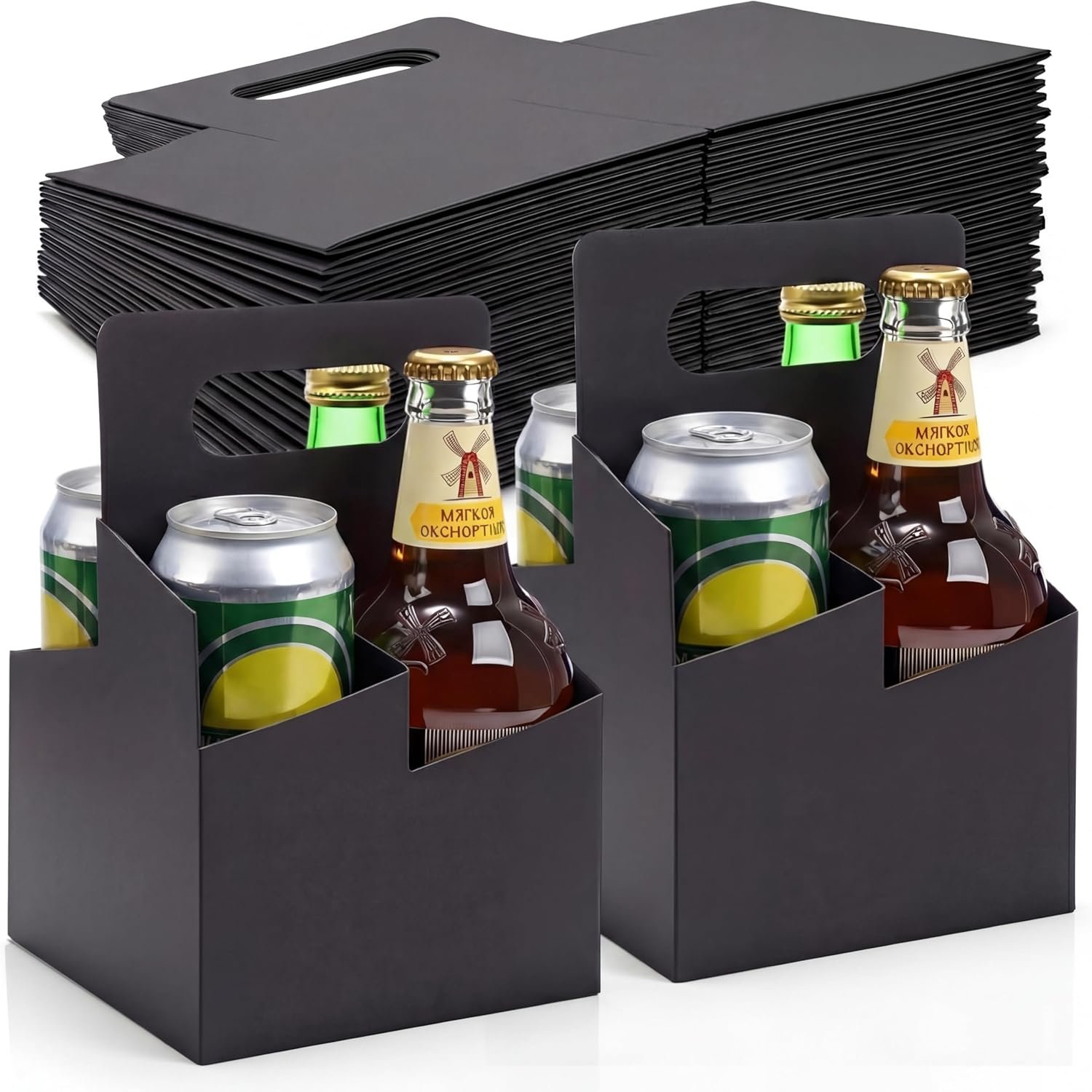 Produttore Portabevande 4 Tazze con Manico Cartone Kraft 50 Pz Monouso per Birra Bevande Calde Fredde 12-16 oz con Logo Personalizzato Nero Marchio Bianco