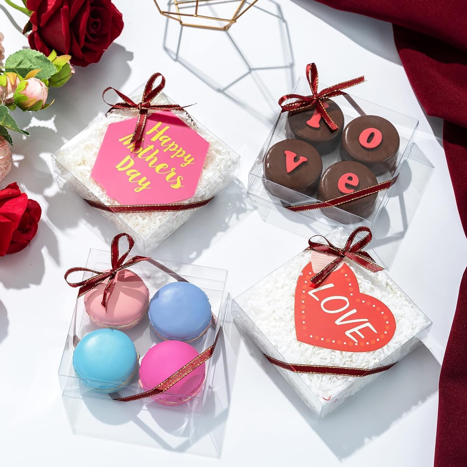Produttore Confezione da 50 Scatole Trasparenti 10x10x3 cm per Biscotto Singolo con Finestra Completa in Plastica per Macaron Donut Dessert Feste Natale San Valentino con Logo Personalizzato Marchio Bianco