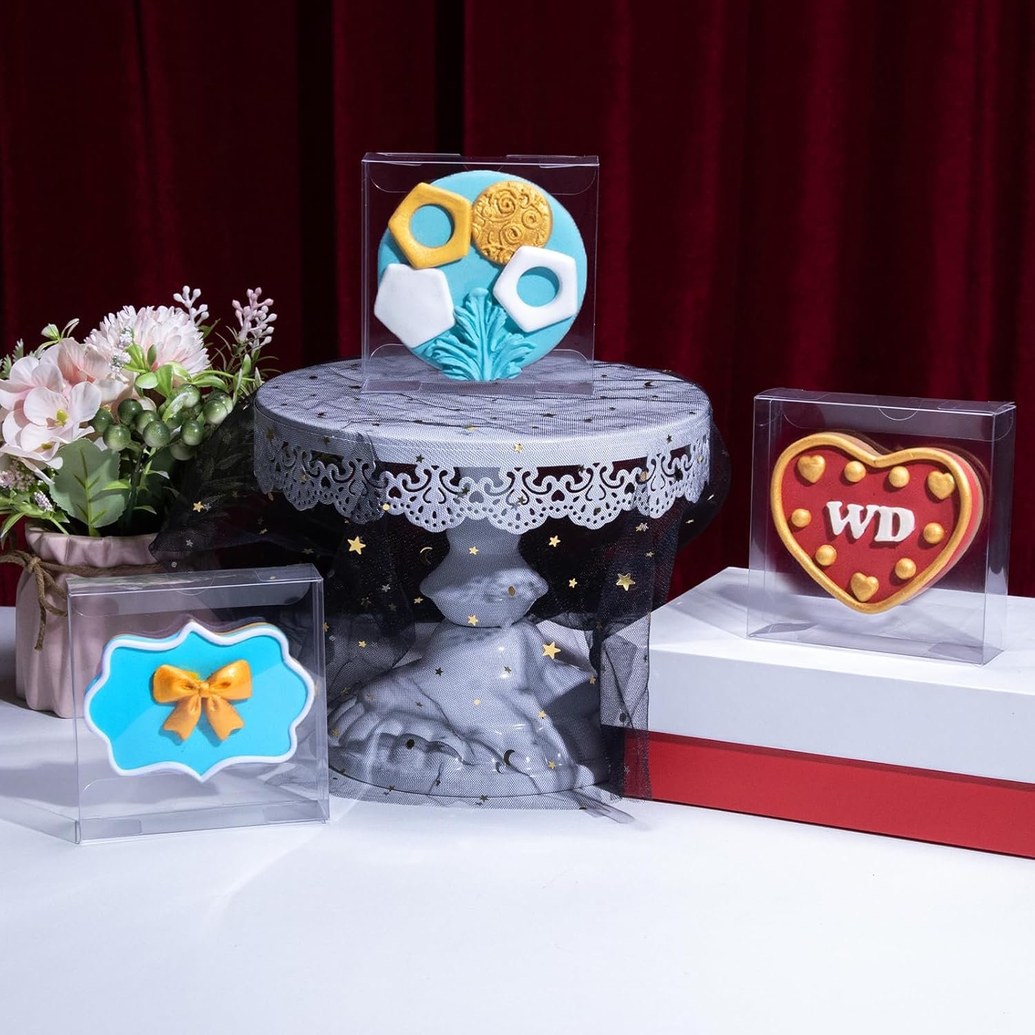 Produttore Confezione da 50 Scatole Trasparenti 10x10x3 cm per Biscotto Singolo con Finestra Completa in Plastica per Macaron Donut Dessert Feste Natale San Valentino con Logo Personalizzato Marchio Bianco