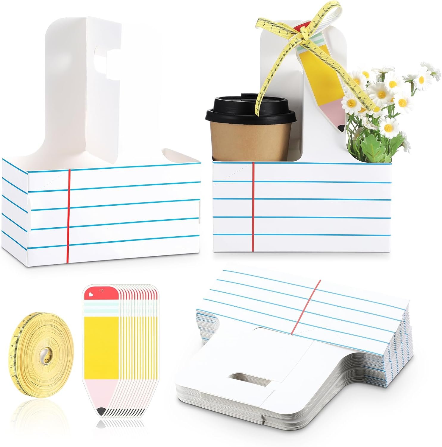Marchio Bianco 24 Set Portabevande 2 Bicchieri con Manico Biglietto Ringraziamento Nastro Portabicchieri Usa e Getta Regali Apprezzamento Insegnanti Inizio Fine Anno Scolastico con Logo Personalizzato Bianco Righe Fornitore