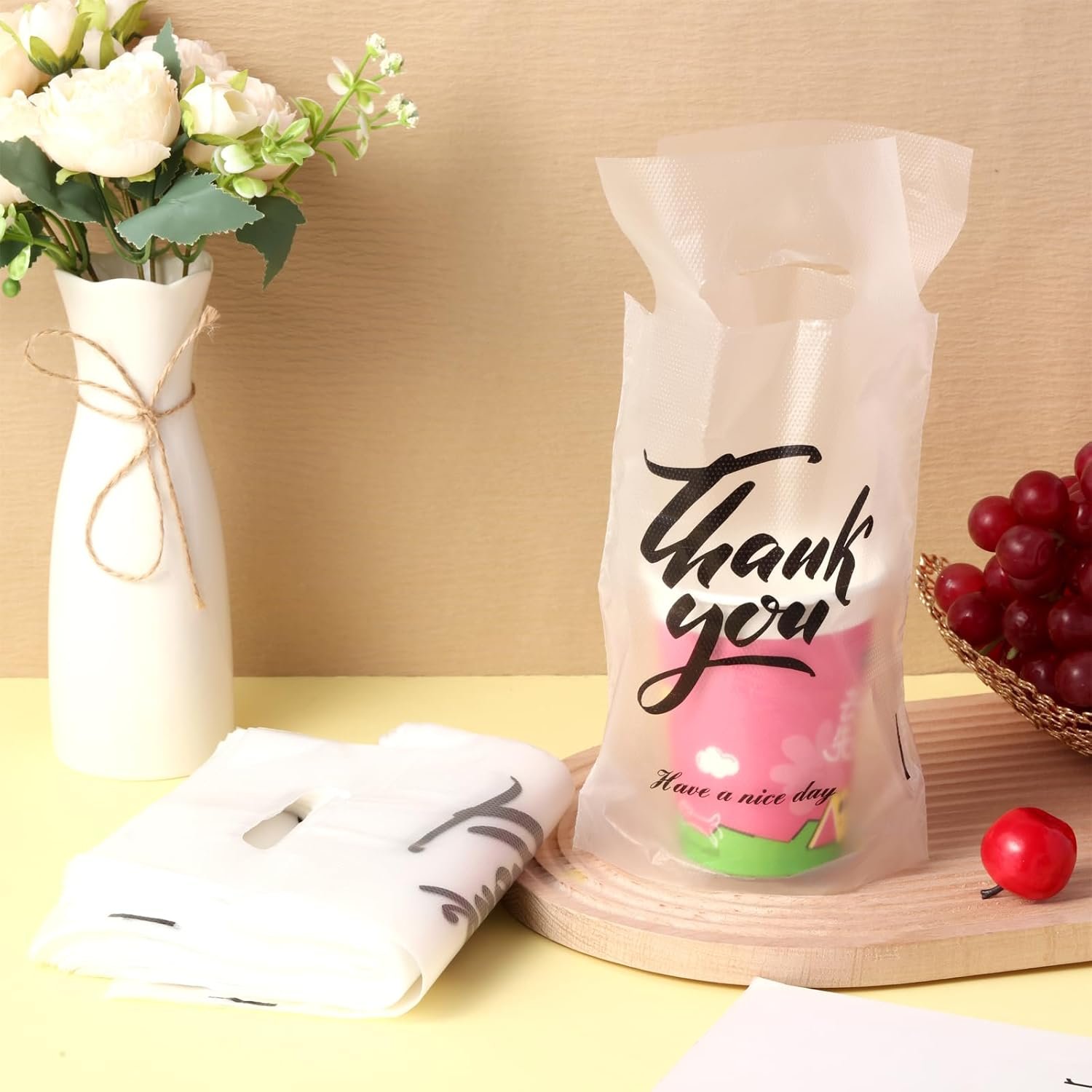 Logo Personalizzato Portabicchieri Trasparenti con Maniglia Thank You 500 Pz Monobicchiere per Delivery Asporto Bevande Bar Ristoranti Pasticcerie Marchio Bianco Produttore