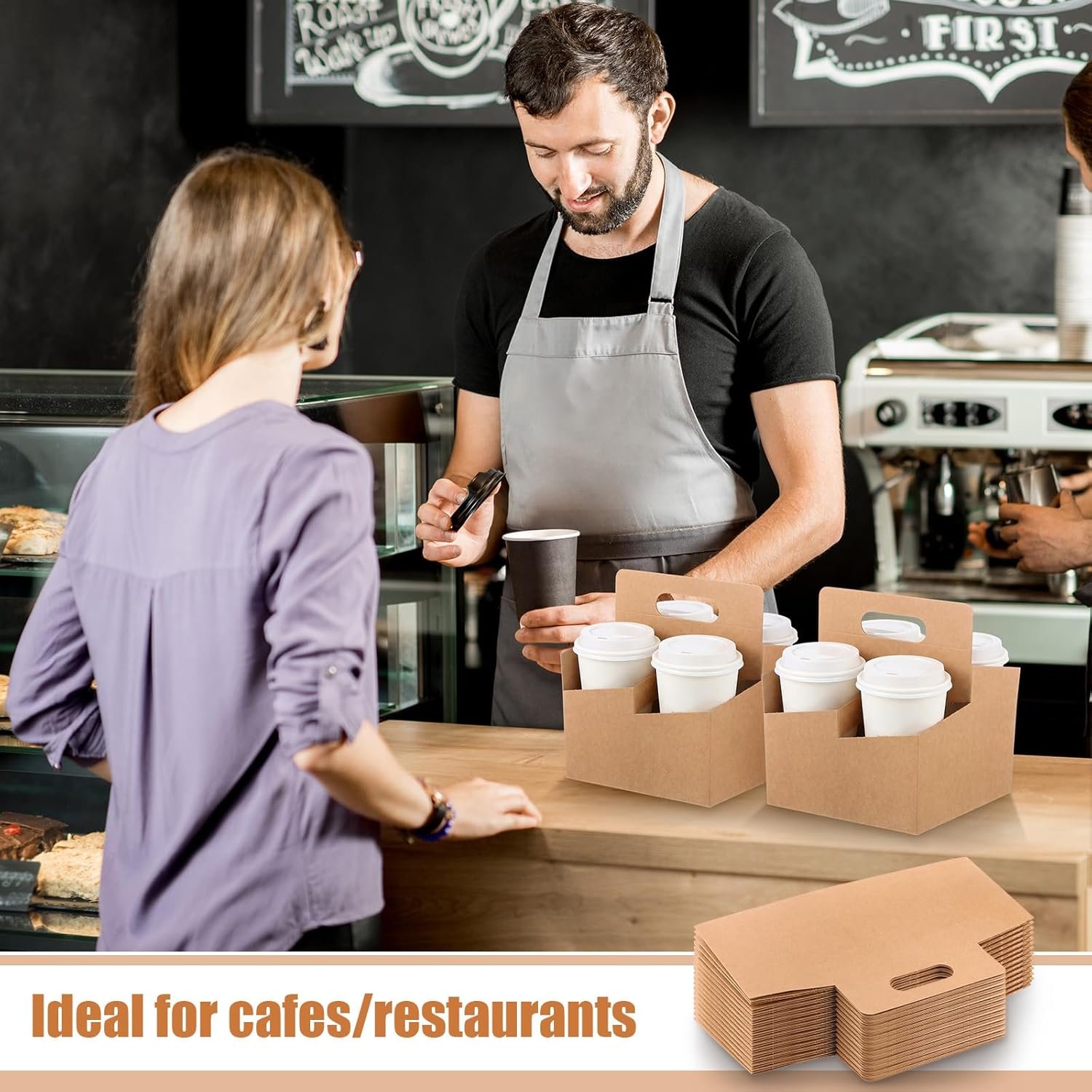 Marchio Bianco Portabevande 4 Tazze con Maniglia 50 Pezzi Cartone Kraft Monouso per Consegne Cibo, Logo Personalizzato Festa della Mamma Bevande Calde Fredde Caffè To Go, Produttore Portatazza Regali Fiori