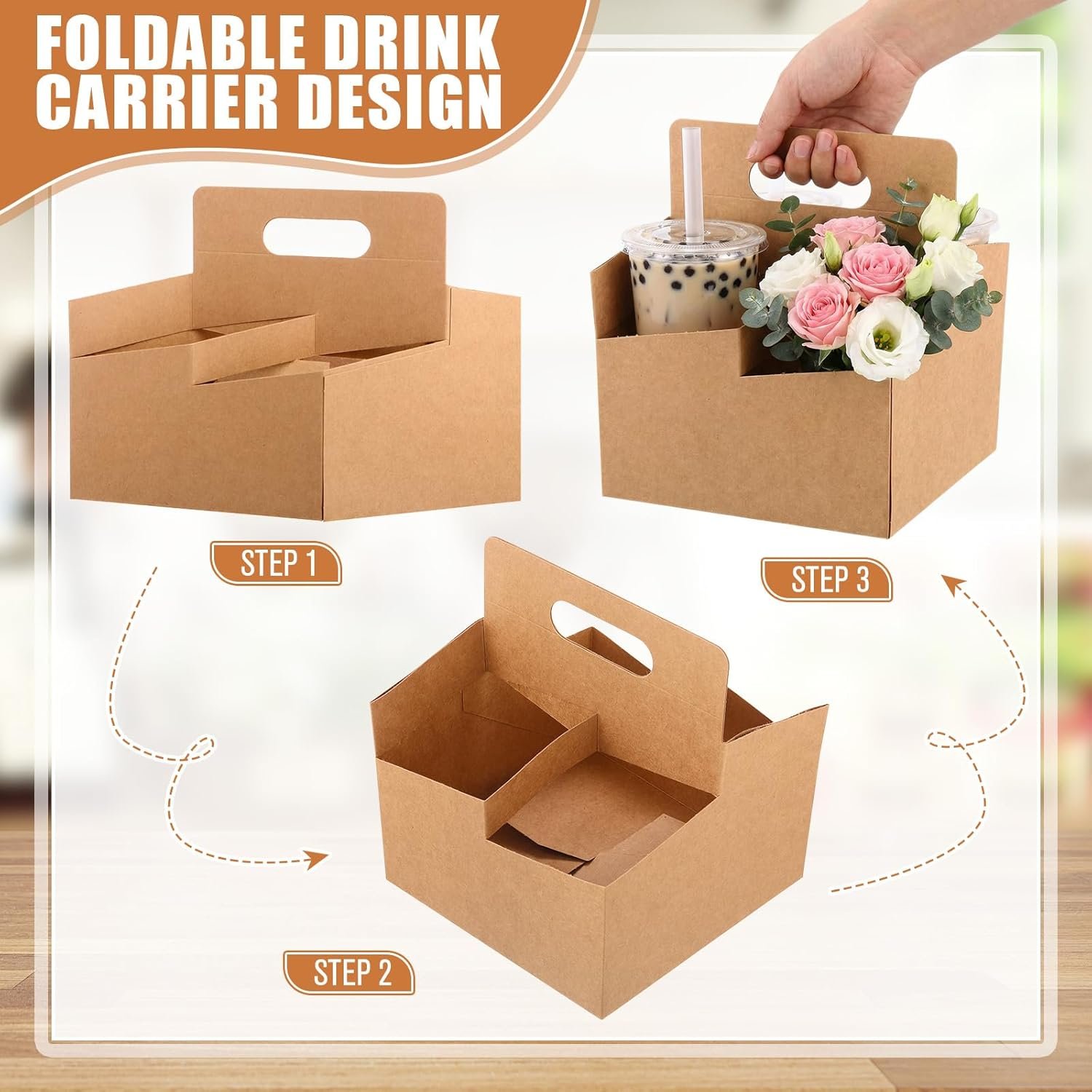 Marchio Bianco Portabevande 4 Tazze con Maniglia 50 Pezzi Cartone Kraft Monouso per Consegne Cibo, Logo Personalizzato Festa della Mamma Bevande Calde Fredde Caffè To Go, Produttore Portatazza Regali Fiori