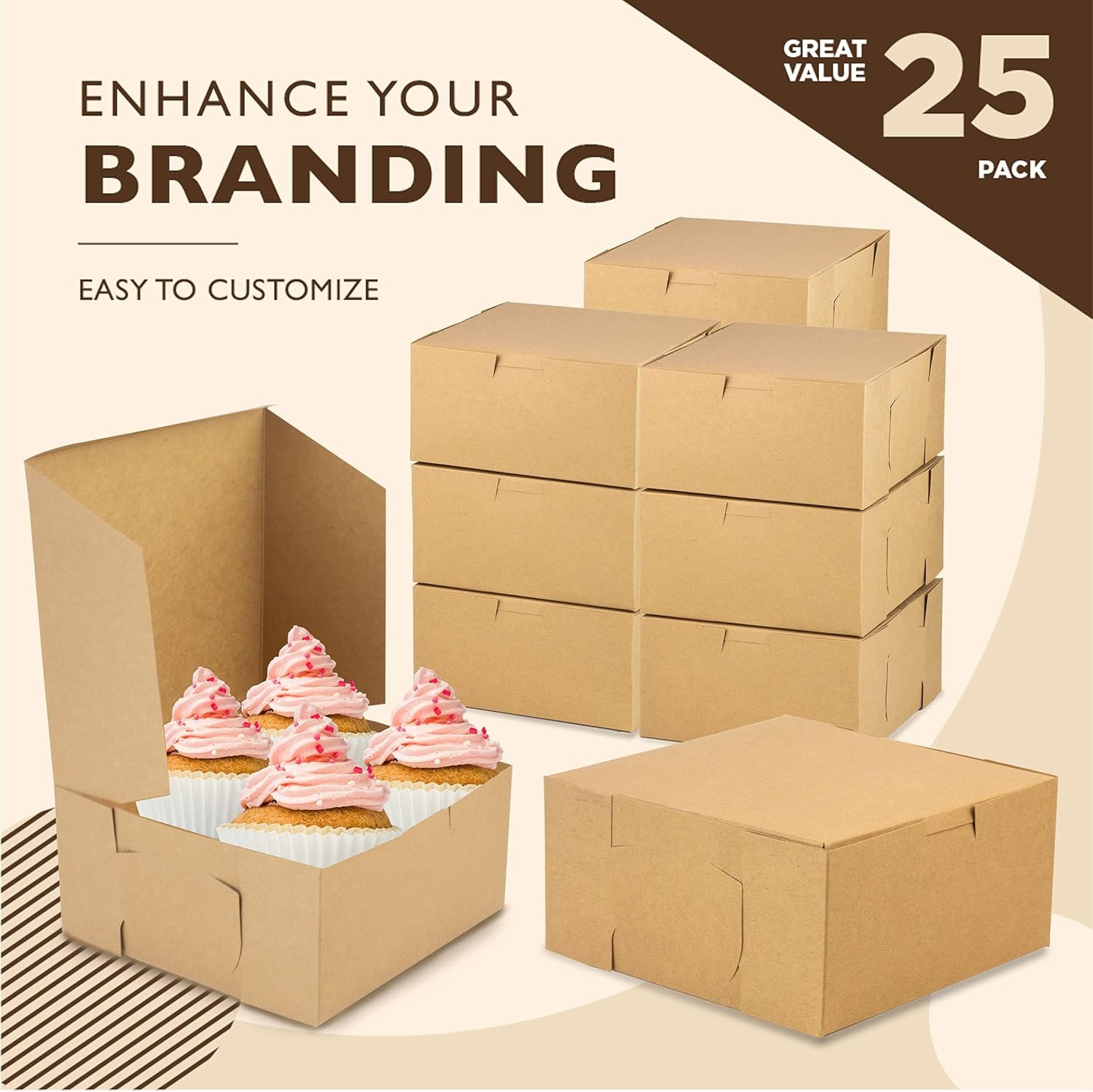 Logo Personalizzato Scatole Pasticceria Cartone Kraft Marrone 6 x 6 x 3 Pollici Confezione 25 dal Fornitore per Torte Biscotti Cupcakes Cioccolatini Donuts Macarons Marchio Bianco