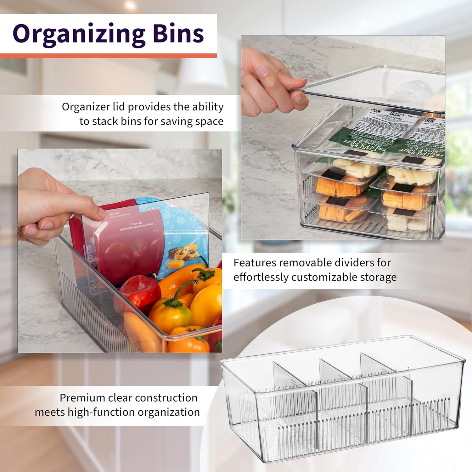 Fabbrica Contenitori Organizzatori Dispensa con Divisori Rimovibili Coperchi e Logo Personalizzato – Ideali per Cucina Frigorifero Armadietti Marchio Bianco – Confezione da 4