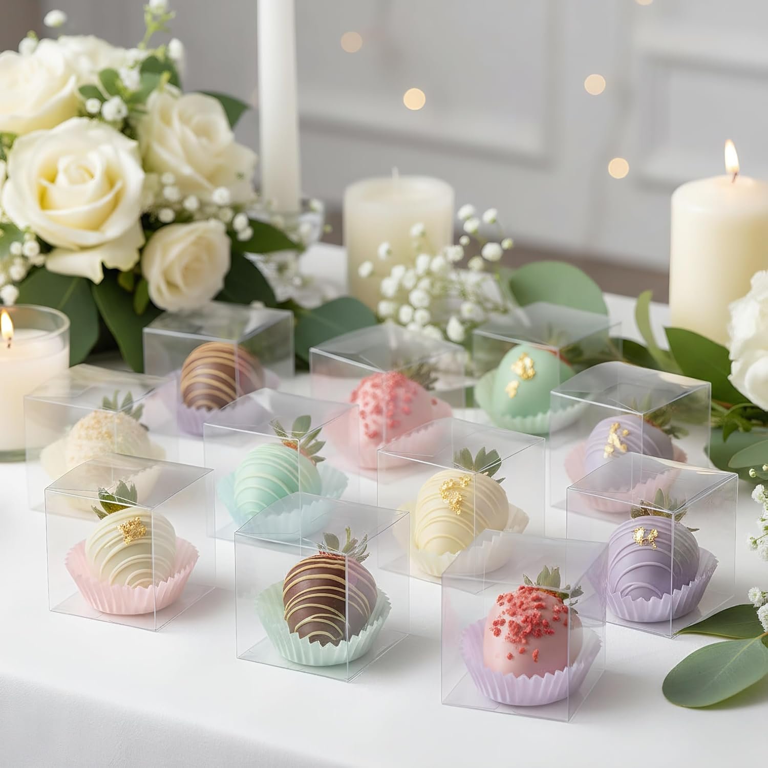 Marchio Bianco Scatoline Trasparenti 2x2x2 Pollici Confezione da 120 con Nastri per Bomboniere Caramelle Macaron Matrimoni Compleanni Baby Shower con Logo Personalizzato dal Produttore