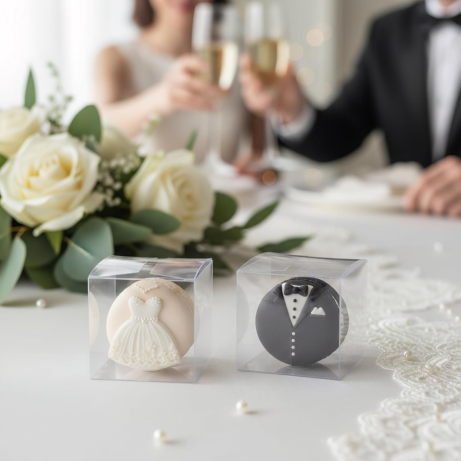 Marchio Bianco Scatoline Trasparenti 2x2x2 Pollici Confezione da 120 con Nastri per Bomboniere Caramelle Macaron Matrimoni Compleanni Baby Shower con Logo Personalizzato dal Produttore
