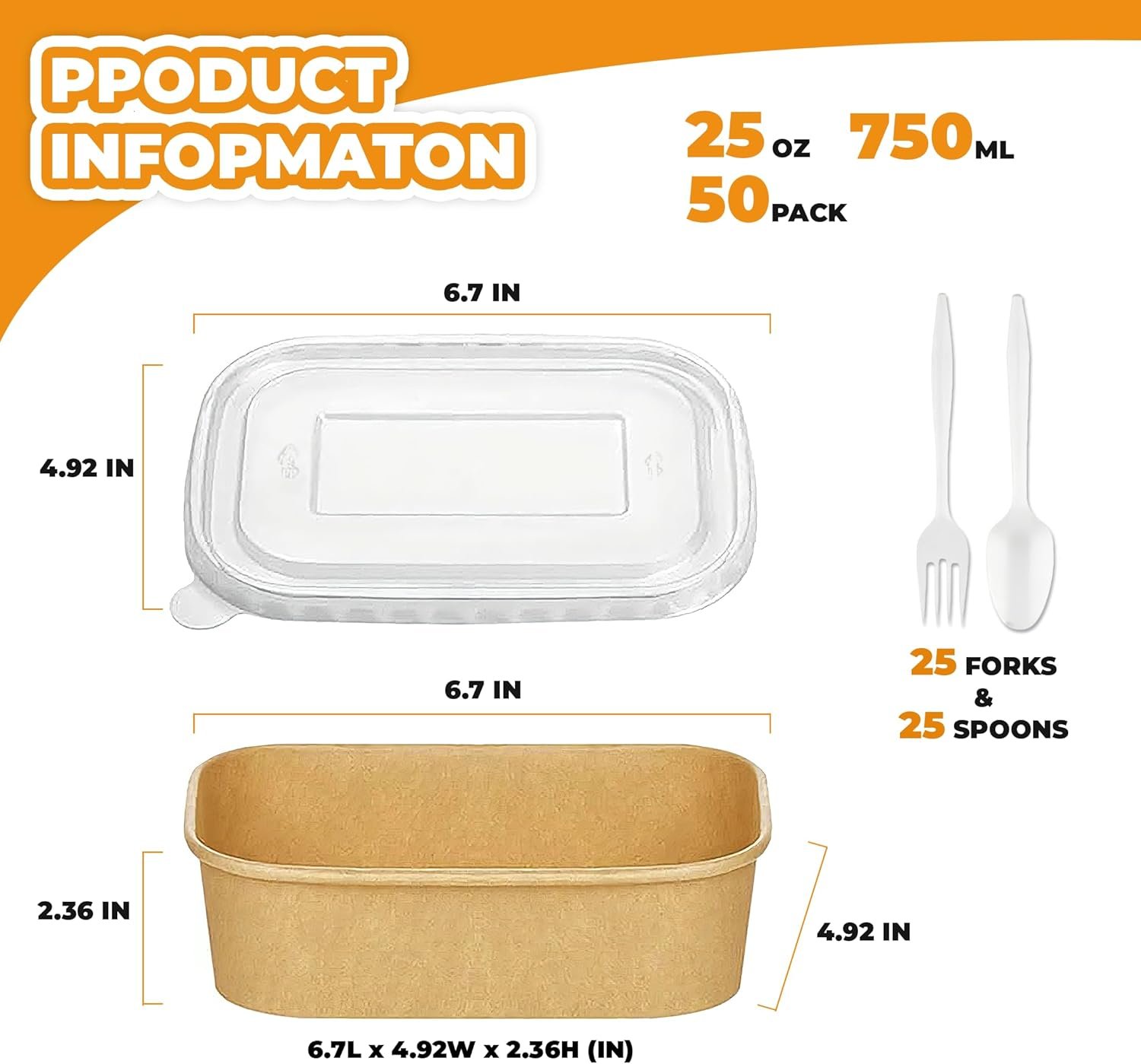 Confezione da 50 Ciotole di Carta Grandi 25 OZ con Logo Personalizzato Coperchi Cucchiai Forchette Monouso Resistenti dal Produttore Impermeabili Adatte al Microonde per Feste Marchio Bianco