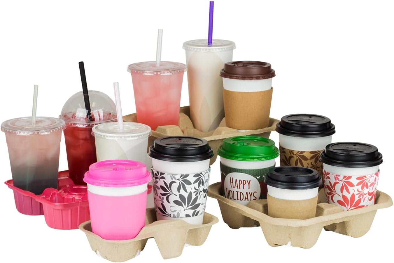 Logo Personalizzato Portabevande Monouso | Vassoio Fibra Sagomata 2 Tazze per Bicchieri 8-24 oz Confezione 600 | Marchio Bianco Fornitore