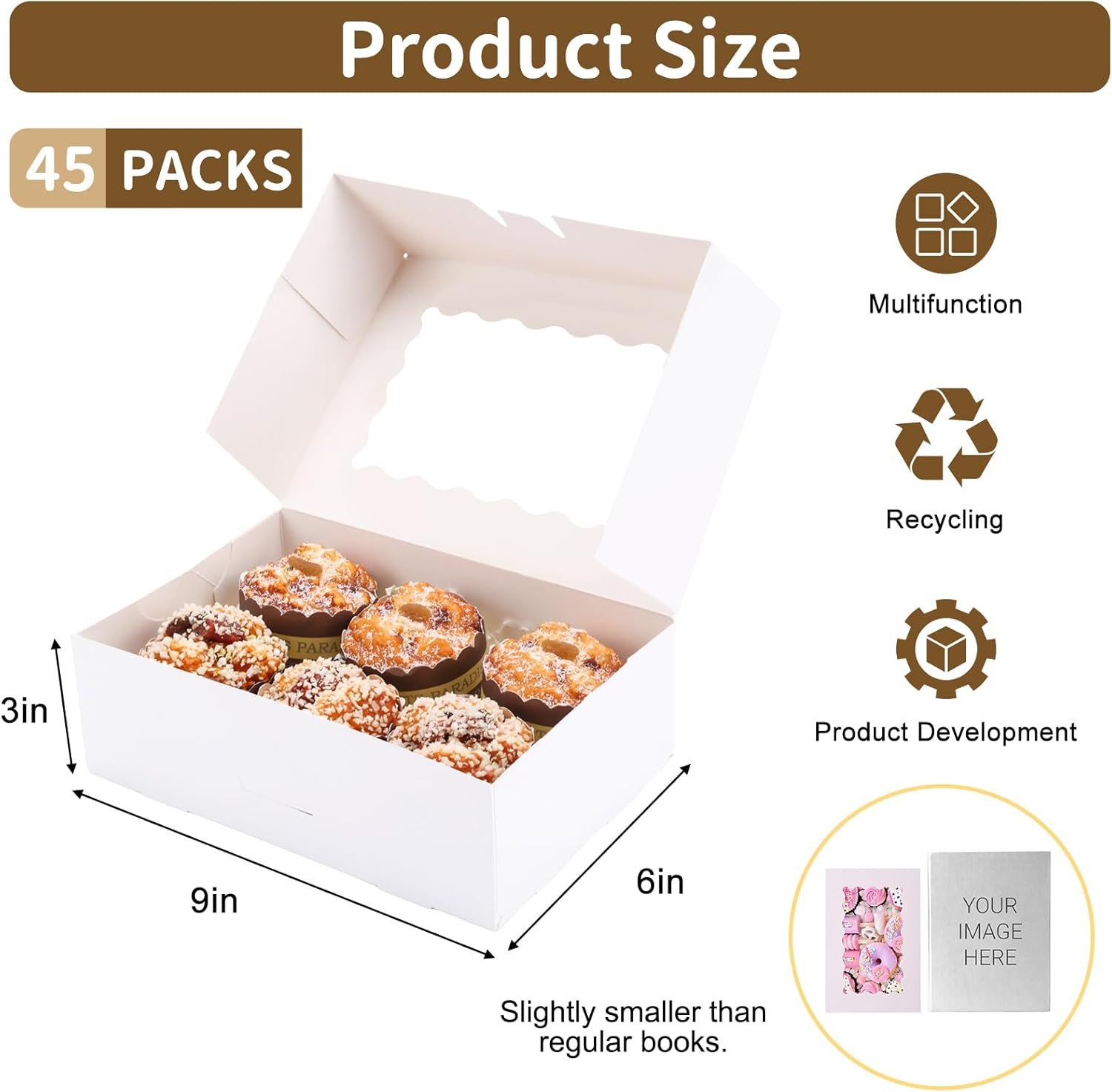 Marchio Bianco Scatole per Biscotti con Finestra 45 pz 9x6x3 Pollici Bianche Auto-Popup per Pasticceria Fragole al Cioccolato Caramelle Muffin Donuts con Logo Personalizzato dalla Fabbrica