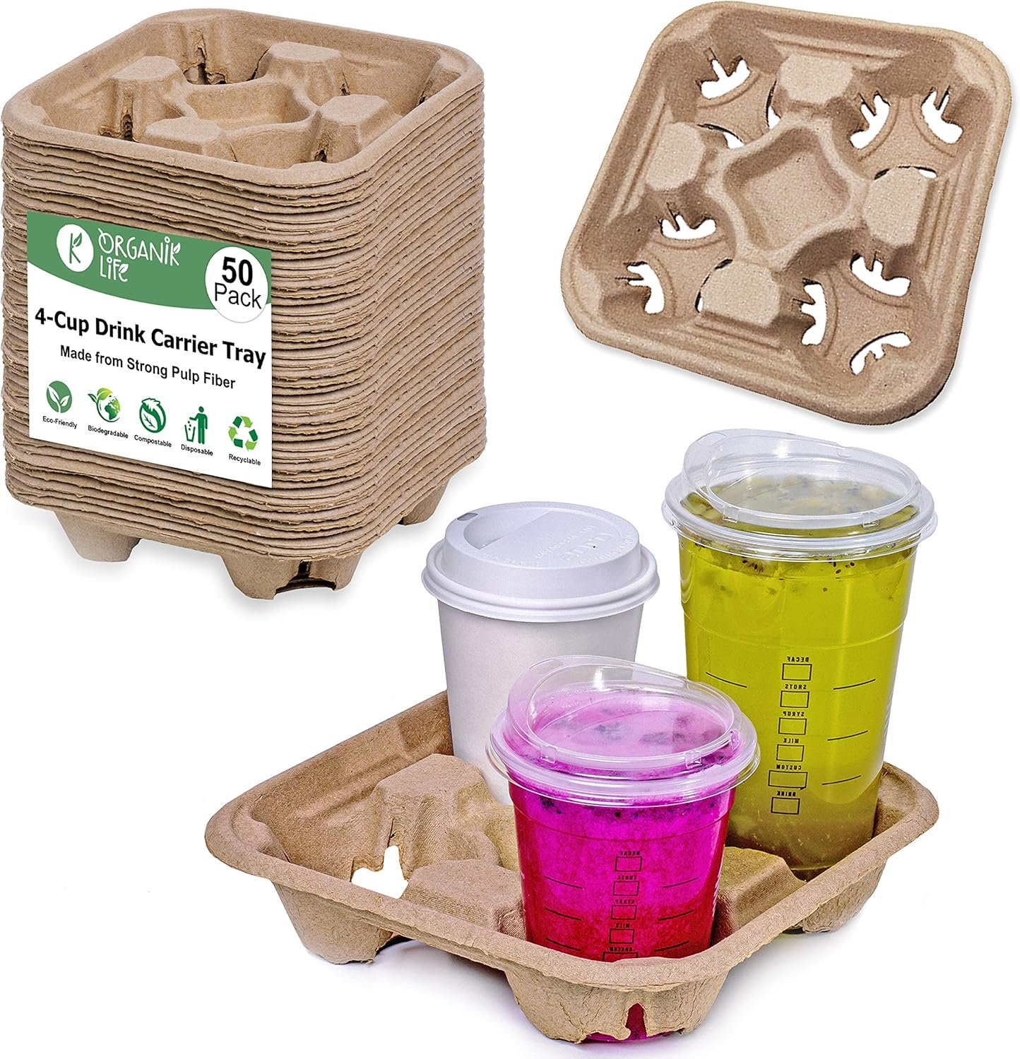 Logo Personalizzato Vassoio Portatazza 4 Bicchieri (50 pz) Anti-Sversamento Senza Disordine Monouso Biodegradabile Ecologico per Consegne Bevande Calde o Fredde dal Fornitore Ideale Delivery Cibo Auto Marchio Bianco