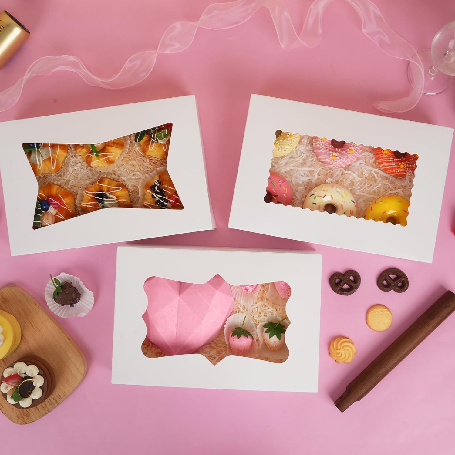 Logo Personalizzato 30 pz Scatole da Pasticceria 12x8x2.5 Pollici Auto-Popup con 3 Stili Finestre dal Produttore per Fragole al Cioccolato Donuts Pasticcini Marchio Bianco