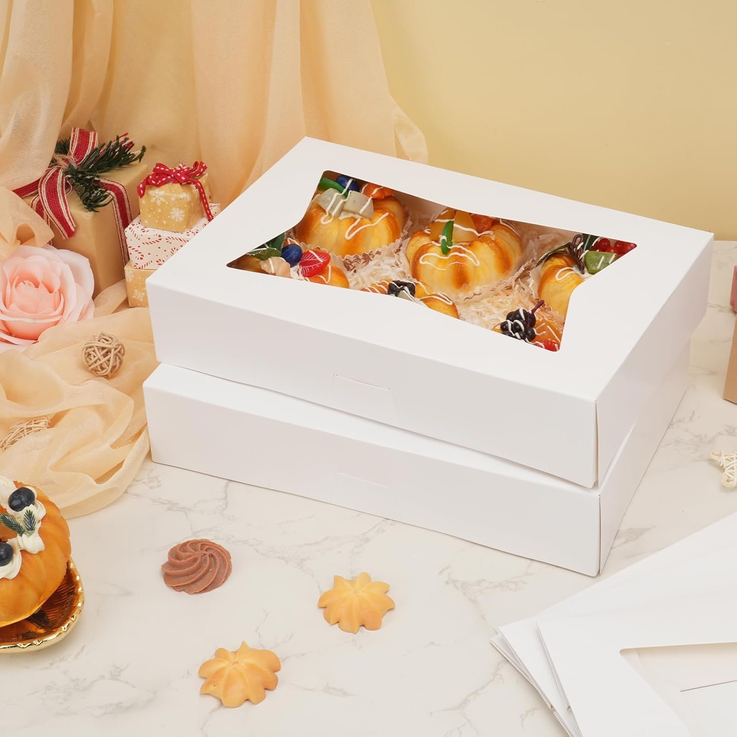Logo Personalizzato 30 pz Scatole da Pasticceria 12x8x2.5 Pollici Auto-Popup con 3 Stili Finestre dal Produttore per Fragole al Cioccolato Donuts Pasticcini Marchio Bianco