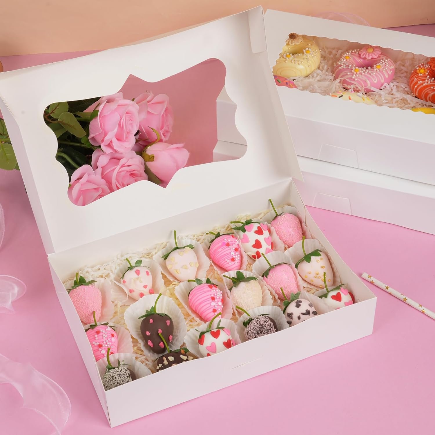 Logo Personalizzato 30 pz Scatole da Pasticceria 12x8x2.5 Pollici Auto-Popup con 3 Stili Finestre dal Produttore per Fragole al Cioccolato Donuts Pasticcini Marchio Bianco