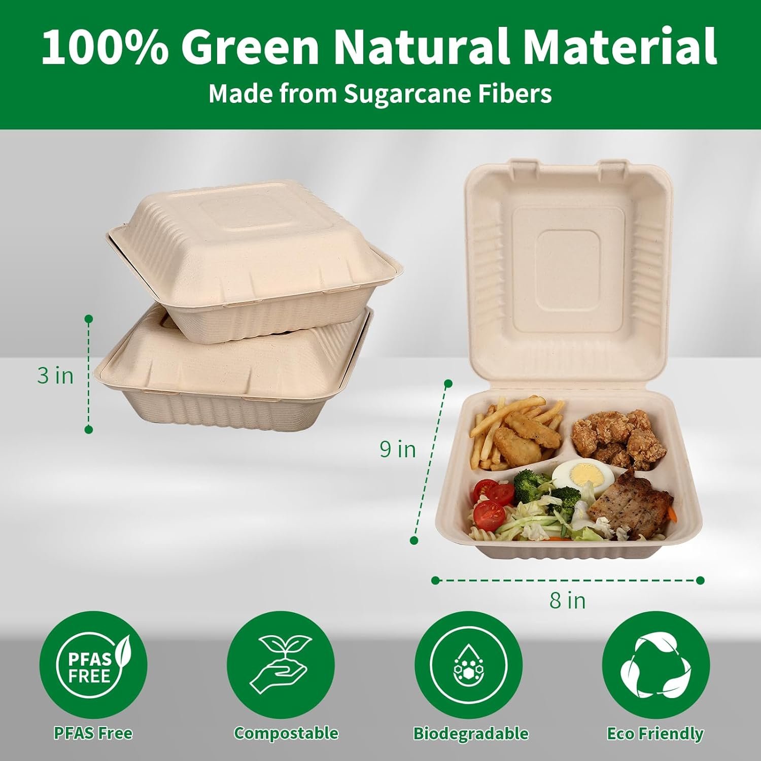Marchio Bianco Confezione da 50 Box Pranzo Asporto 3 Scomparti 8x9 Pollici Compostabili con Coperchio Clamshell con Logo Personalizzato Monouso Biodegradabili in Bagassa Senza PFAS Marrone dal Produttore