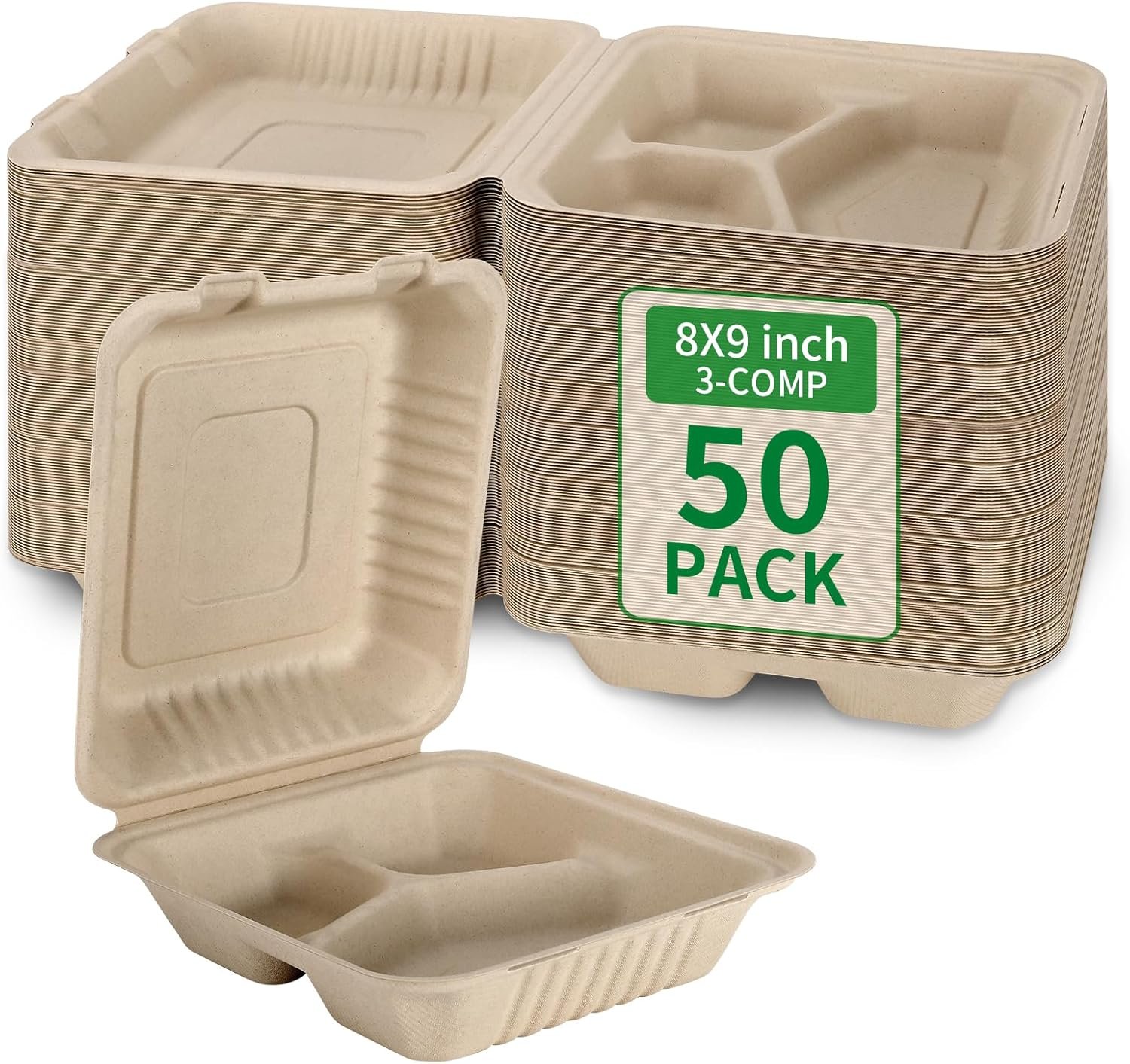 Marchio Bianco Confezione da 50 Box Pranzo Asporto 3 Scomparti 8x9 Pollici Compostabili con Coperchio Clamshell con Logo Personalizzato Monouso Biodegradabili in Bagassa Senza PFAS Marrone dal Produttore