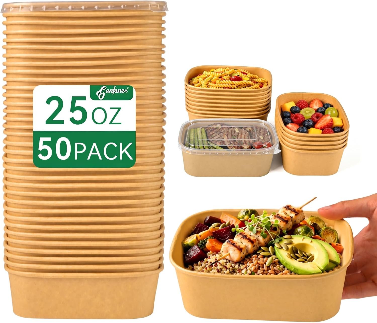 Produttore Ciotole Monouso da 25oz con Coperchi e Logo Personalizzato 50 Set Grandi Quadrate Carta Kraft per Insalate Preparazione Pasti Ermetiche Microonde Feste Pranzo Asporto Marchio Bianco
