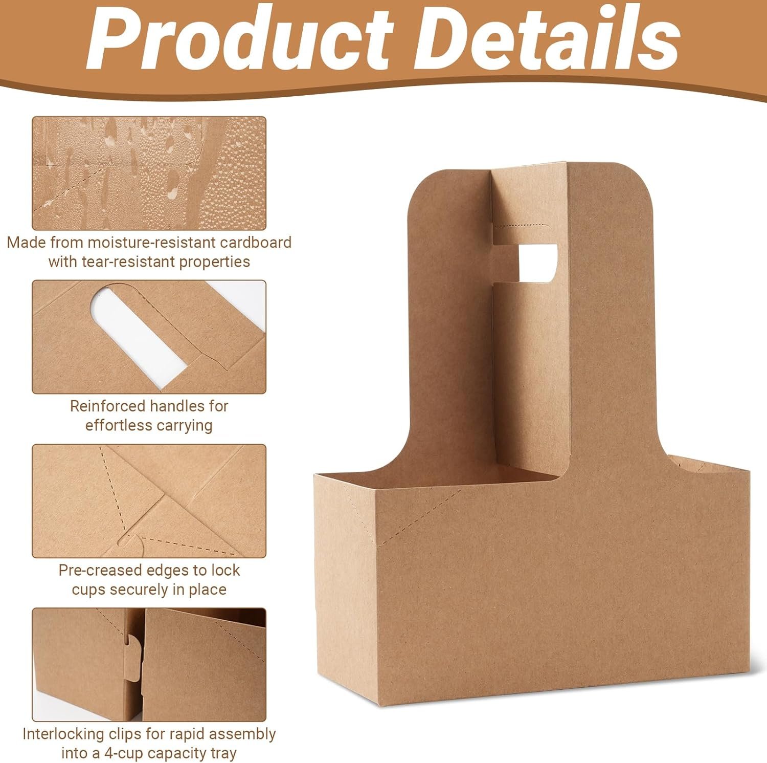 Marchio Bianco Portabevande 2 Tazze 100 Pz con Maniglia Monouso Pieghevole Cartone Kraft Logo Personalizzato per Bevande Calde Fredde Consegne Cibo Fornitore