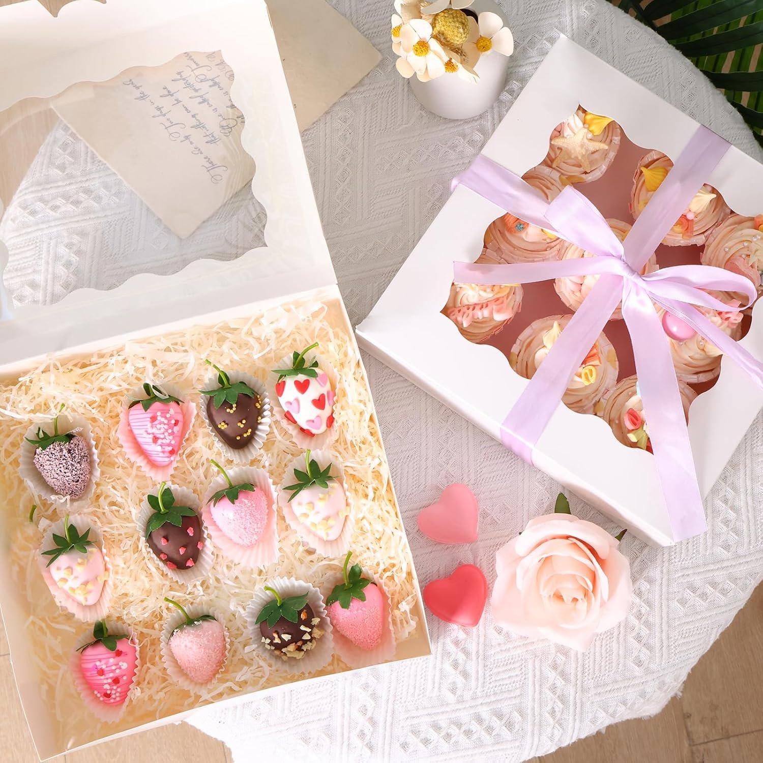 Marchio Bianco Scatole per Pasticceria Pop-Up Automatiche 35 pz 10x10x2.5 Pollici con Finestra per Crostate Torte Cookie Dolcetti Pasticcini Fragole Ricoperte di Cioccolato con Logo Personalizzato dal Produttore
