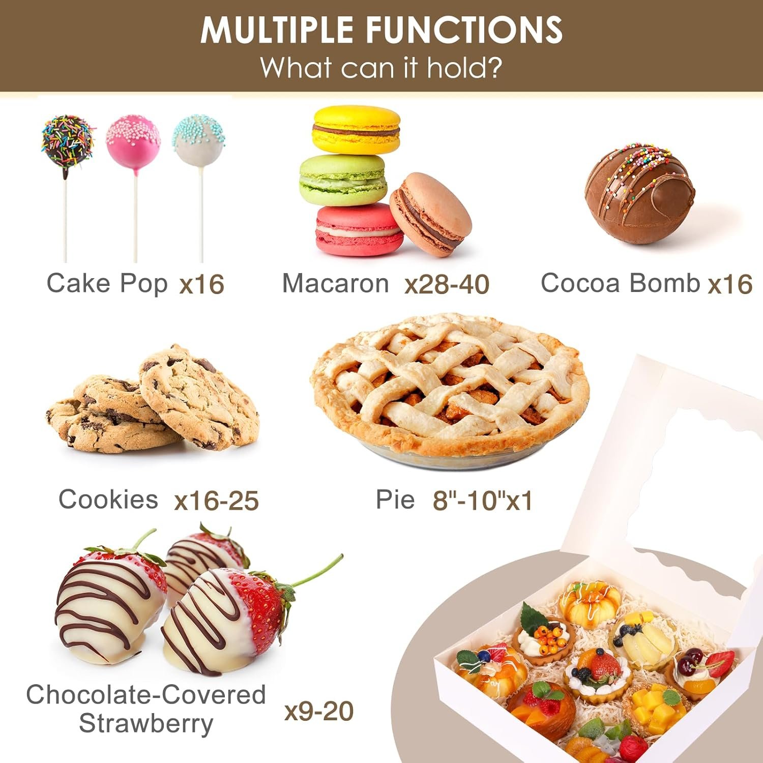 Marchio Bianco Scatole per Pasticceria Pop-Up Automatiche 35 pz 10x10x2.5 Pollici con Finestra per Crostate Torte Cookie Dolcetti Pasticcini Fragole Ricoperte di Cioccolato con Logo Personalizzato dal Produttore