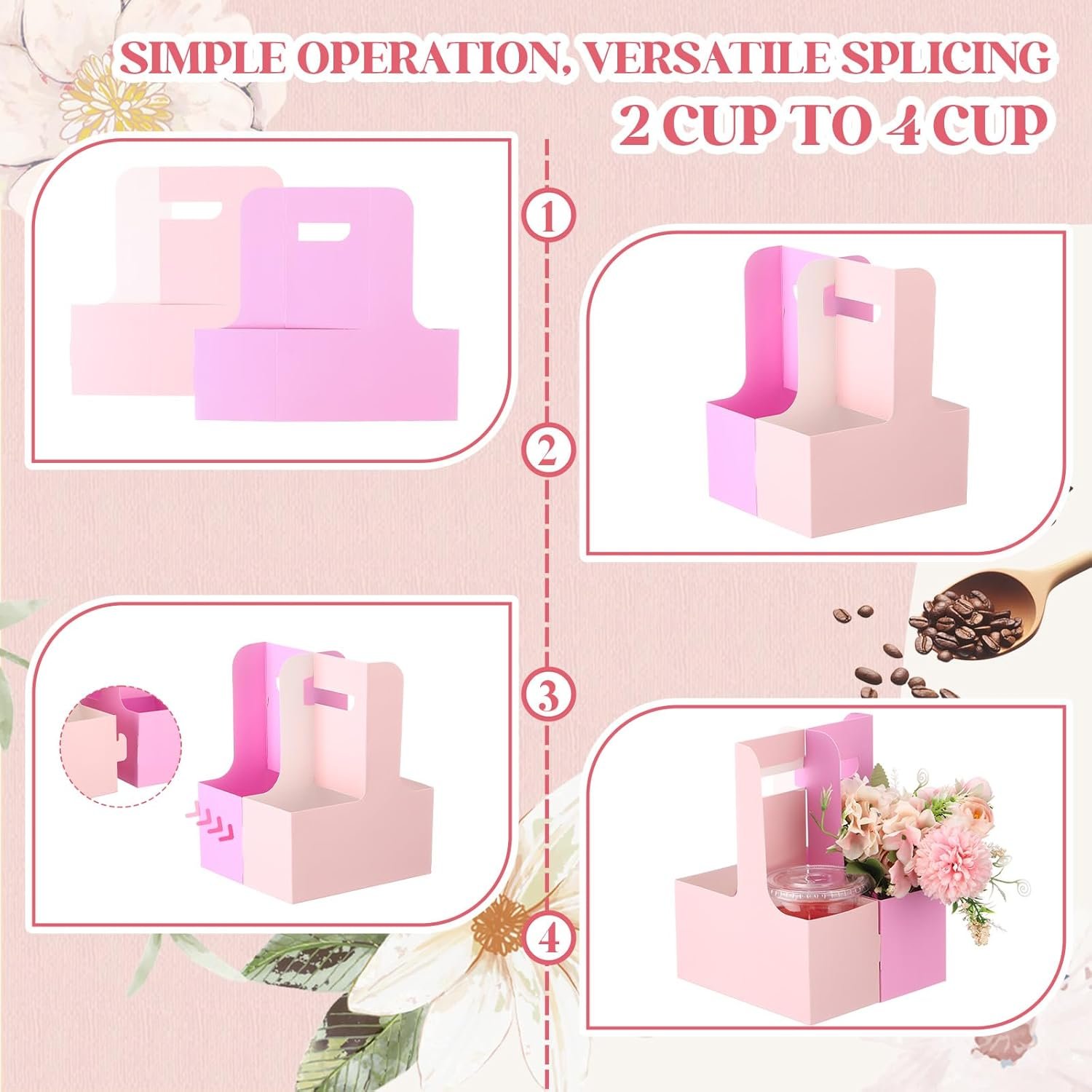 Marchio Bianco Portabicchieri con Maniglia 50 Pezzi per 2/4 Bicchieri 12-30oz con Logo Personalizzato Cartone Monouso per Caffetteria Bubble Tea Bianco Rosa Viola Chiaro Rosso Rosa Produttore