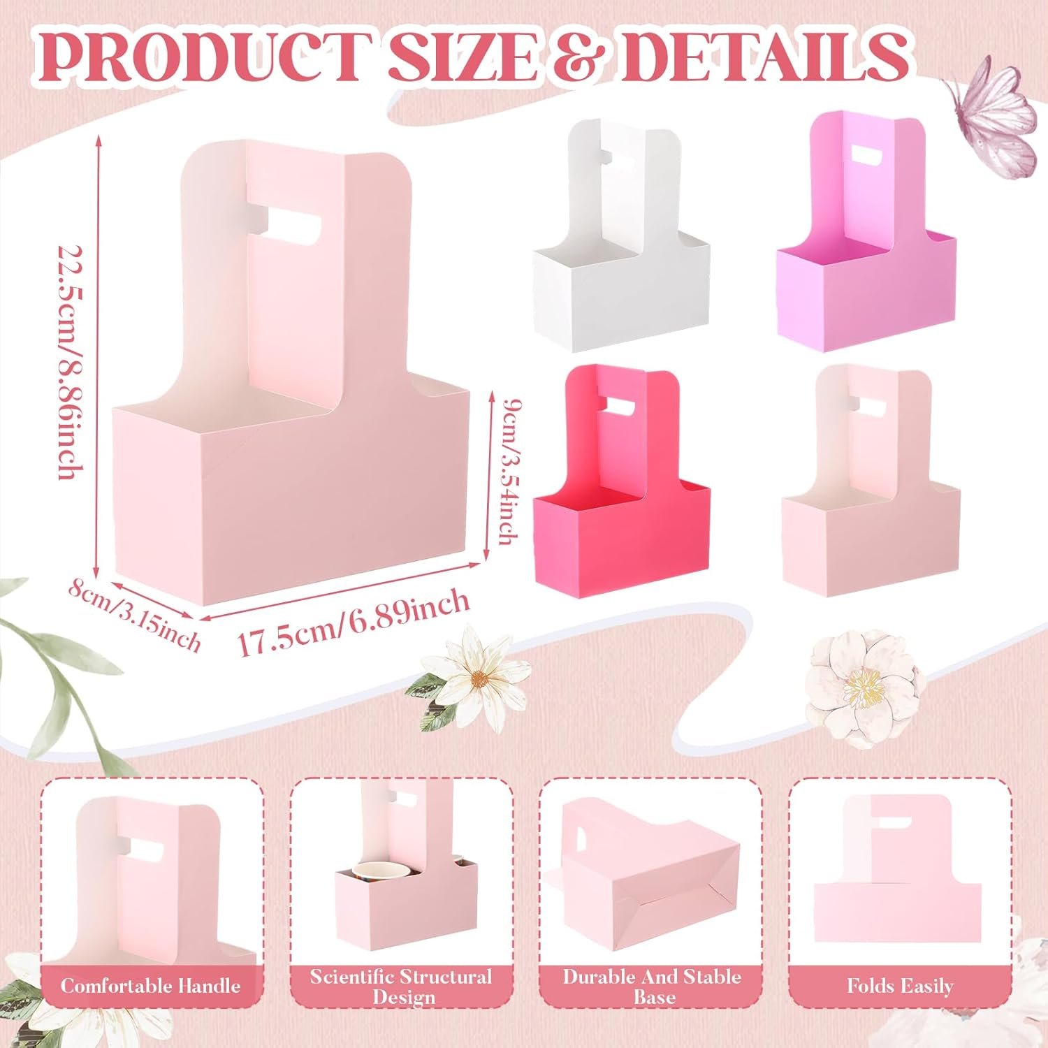 Marchio Bianco Portabicchieri con Maniglia 50 Pezzi per 2/4 Bicchieri 12-30oz con Logo Personalizzato Cartone Monouso per Caffetteria Bubble Tea Bianco Rosa Viola Chiaro Rosso Rosa Produttore
