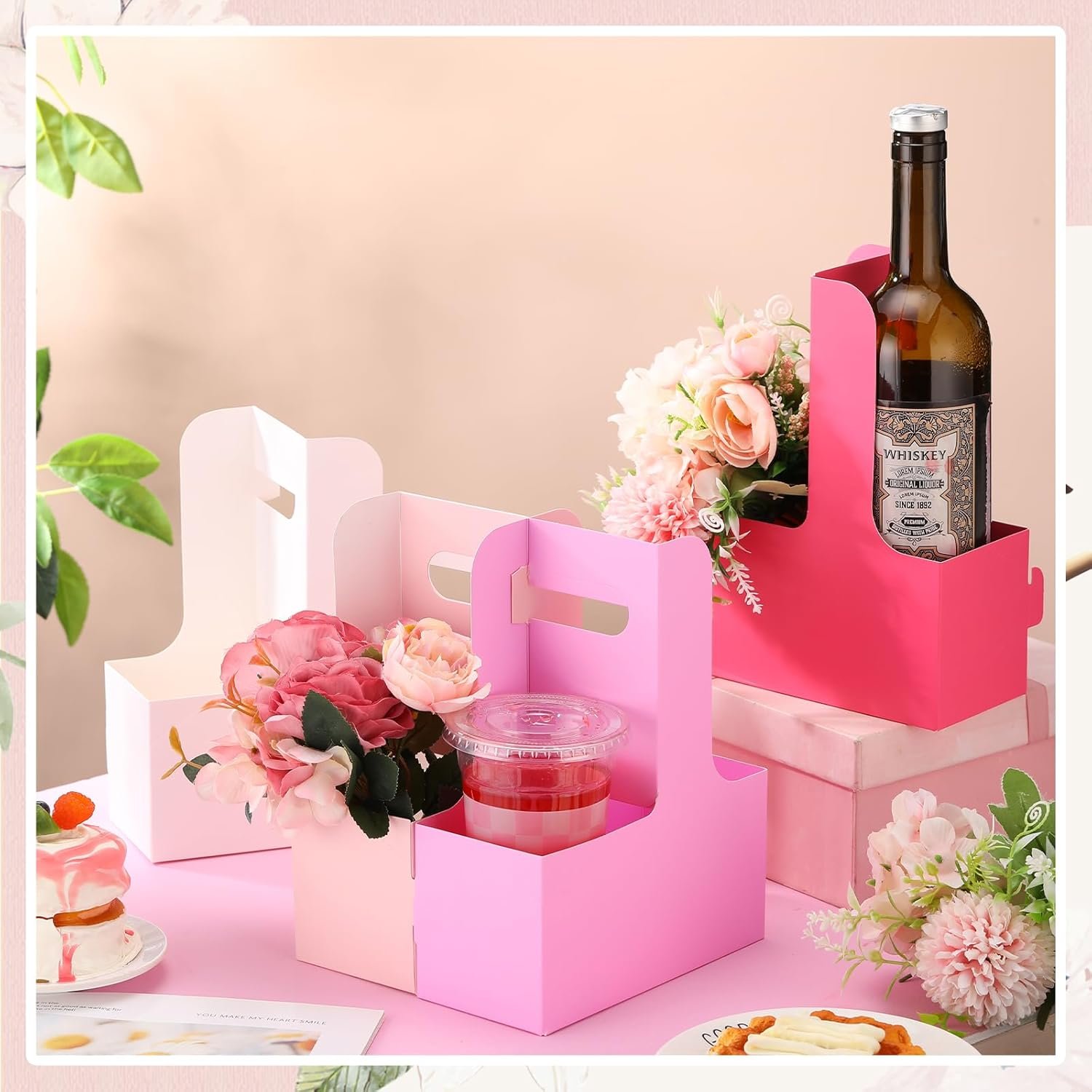 Marchio Bianco Portabicchieri con Maniglia 50 Pezzi per 2/4 Bicchieri 12-30oz con Logo Personalizzato Cartone Monouso per Caffetteria Bubble Tea Bianco Rosa Viola Chiaro Rosso Rosa Produttore