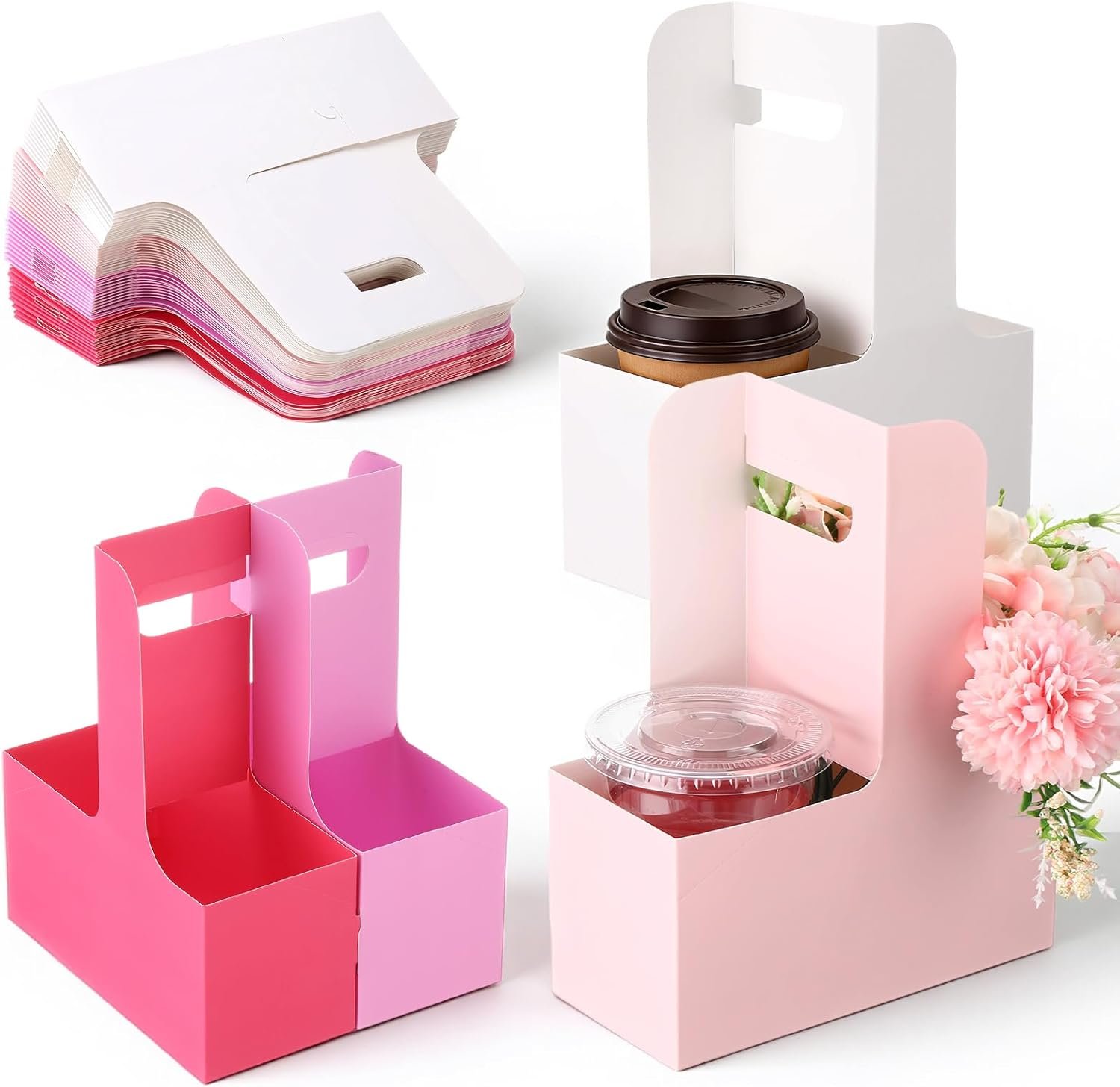 Marchio Bianco Portabicchieri con Maniglia 50 Pezzi per 2/4 Bicchieri 12-30oz con Logo Personalizzato Cartone Monouso per Caffetteria Bubble Tea Bianco Rosa Viola Chiaro Rosso Rosa Produttore