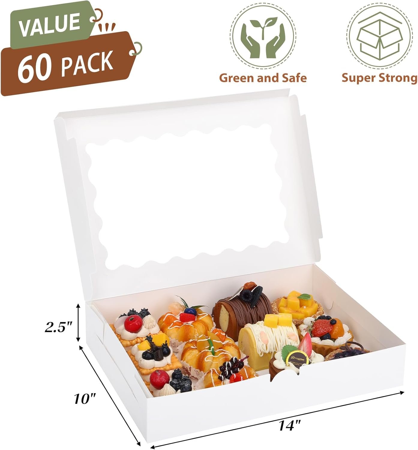 Produttore Scatole da Pasticceria con Finestra 60 pz 14x10x2.5 pollici per Ciambelle Crostate Torte Muffins Pasticceria Marchio Bianco con Logo Personalizzato