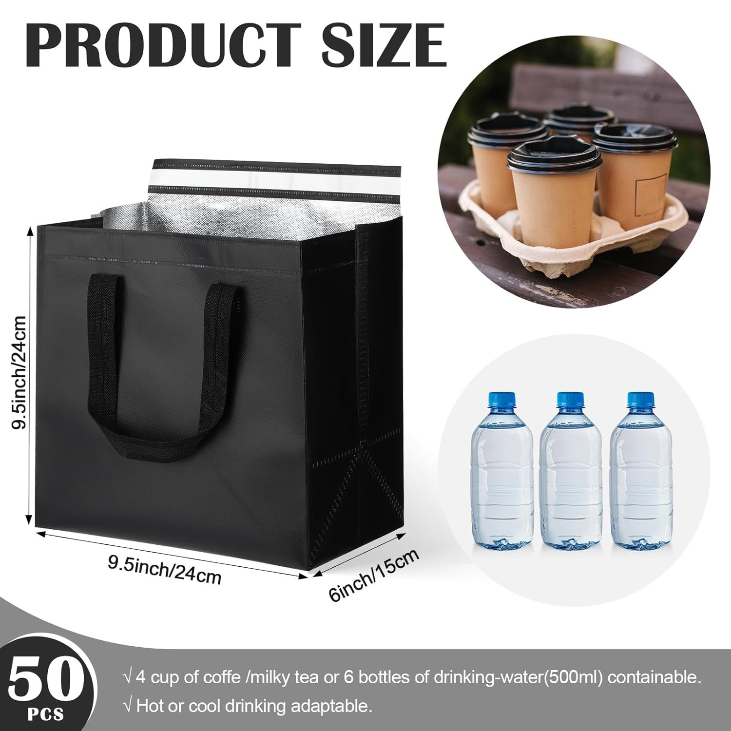 Fornitore Borse Termiche Isolate con Logo Personalizzato Bulk per Consegne Cibo Borse Pranzo Asporto Caldi Freddi Caffè Tè al Latte Frutti di Mare Catering Ristoranti, Marchio Bianco (24x24x15 cm, Nero, 50 pz)