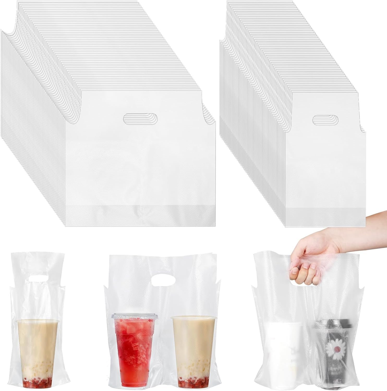 Logo Personalizzato Sacchetti Portabevande Monouso Trasparenti con Maniglia per 2 Bicchieri Caffè Asporto Delivery Succo Tè al Latte 400 Pz Marchio Bianco Fornitore