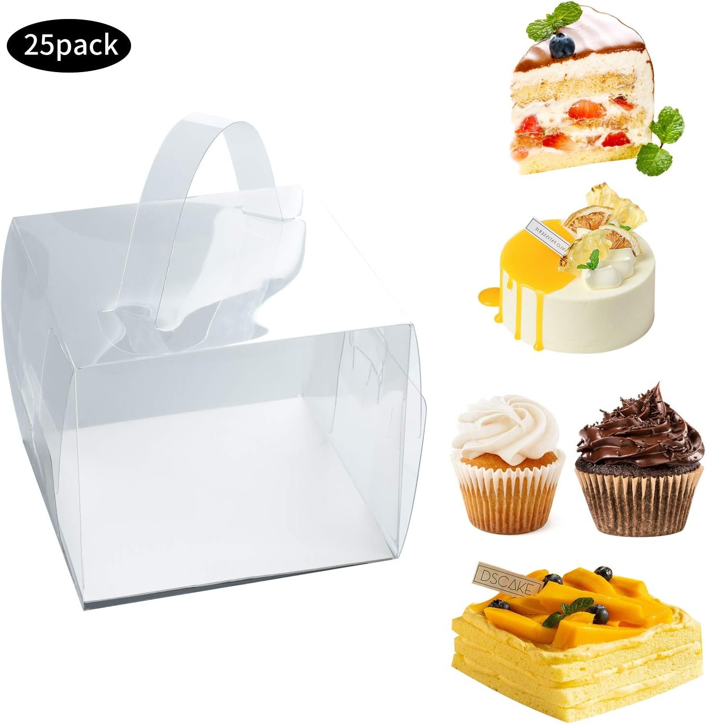 Logo Personalizzato 25 Pz Scatole per Torte Trasparenti 5x5x4 Inch con Maniglia per Pasticceria Bomboniere Biscotti Confetti, Marchio Bianco per Festa Torte Crostata Dolci, Fornitore Compleanno Matrimonio